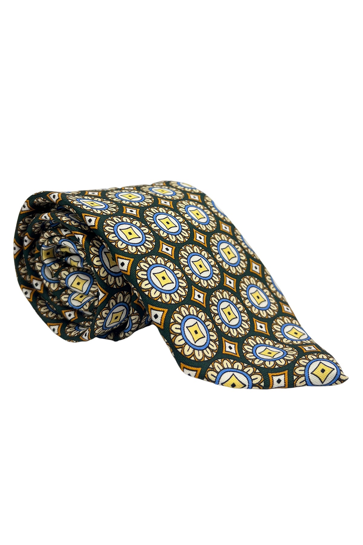Cravatta uomo verde fantasia cerchi e rombi grandi multcolor da cerimonia elegante pura seta cucita a mano 9cm