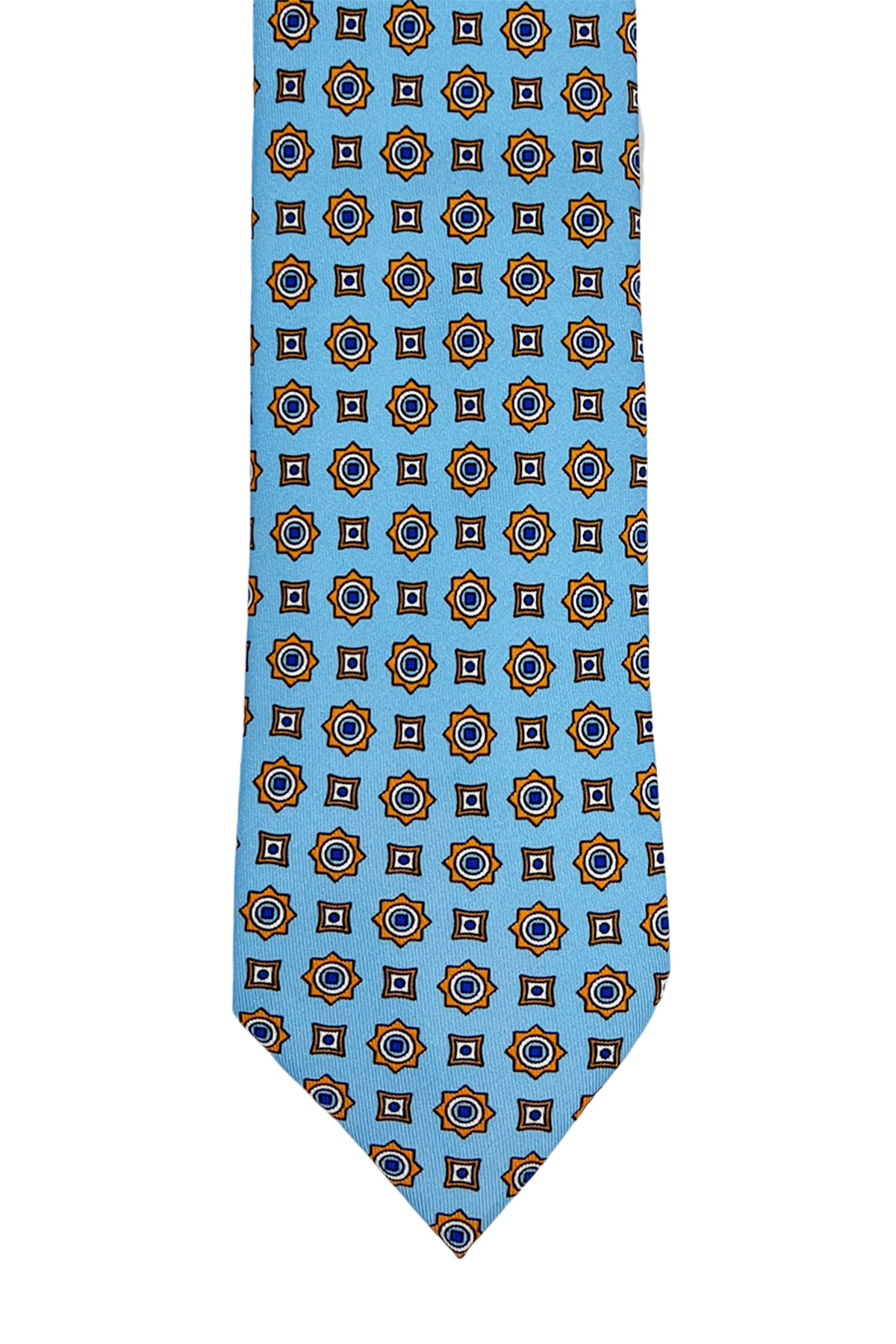 Cravatta uomo azzurra fantasia cerchi e quadri multcolor da cerimonia elegante pura seta cucita a mano 9cm