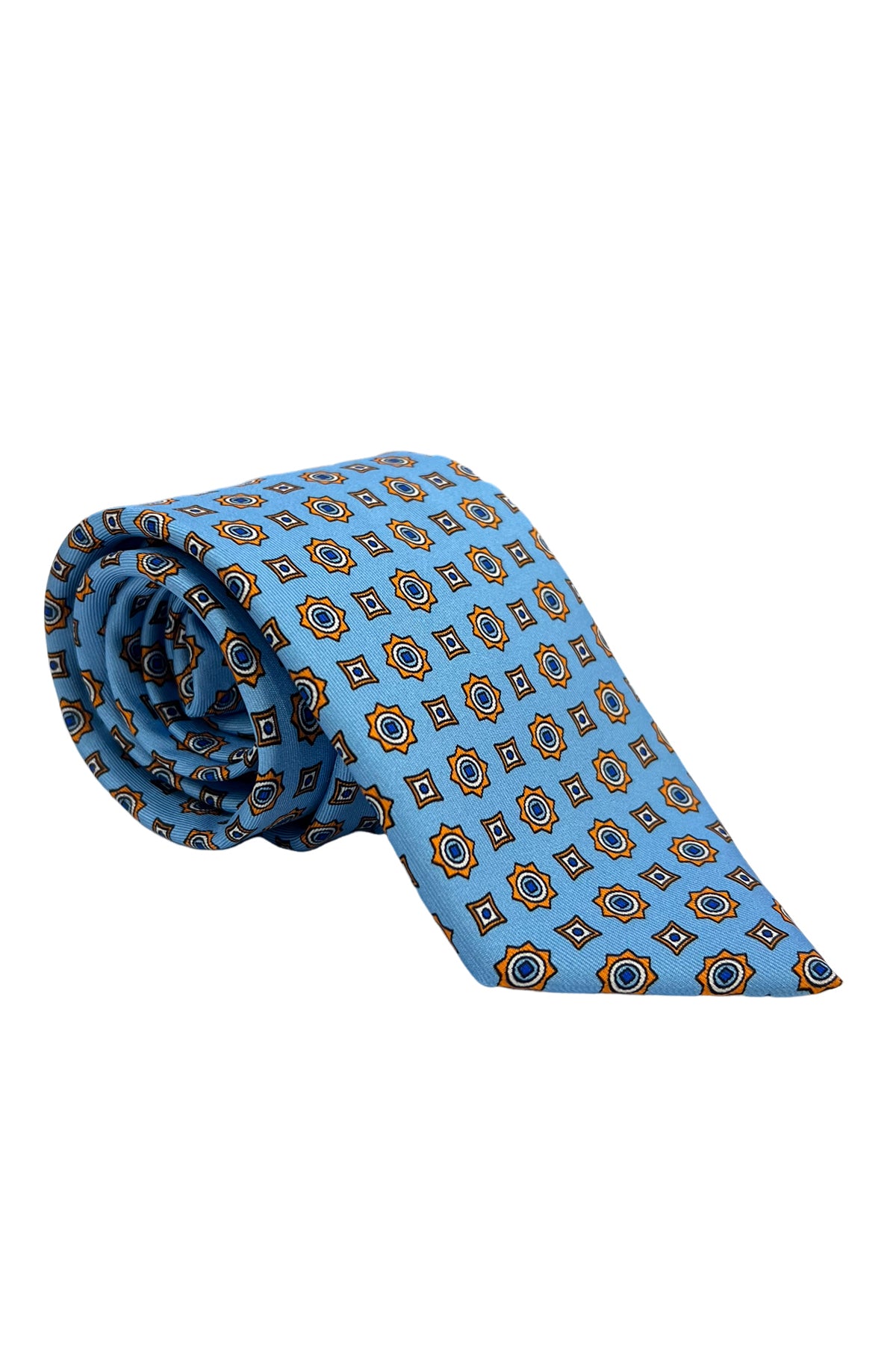 Cravatta uomo azzurra fantasia cerchi e quadri multcolor da cerimonia elegante pura seta cucita a mano 9cm