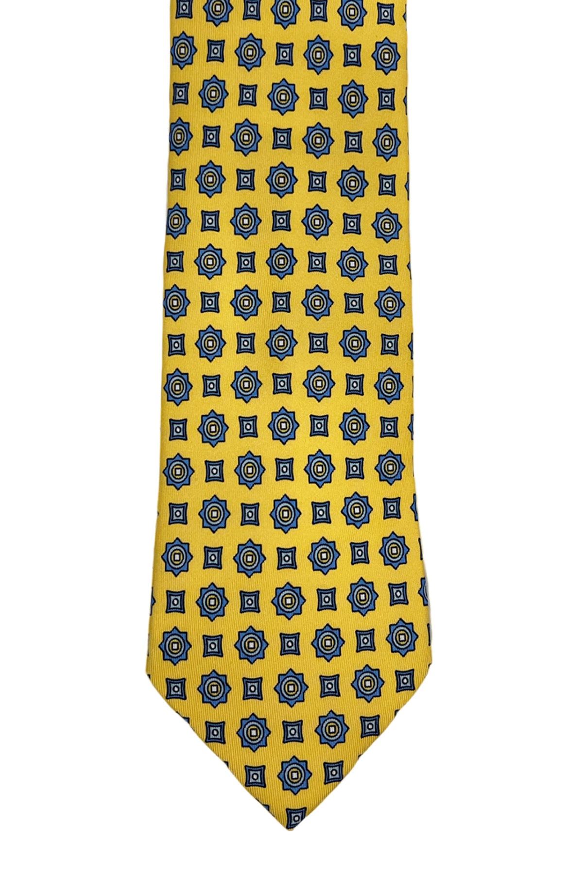 Cravatta uomo gialla fantasia cerchi e quadri multcolor da cerimonia elegante pura seta cucita a mano 9cm