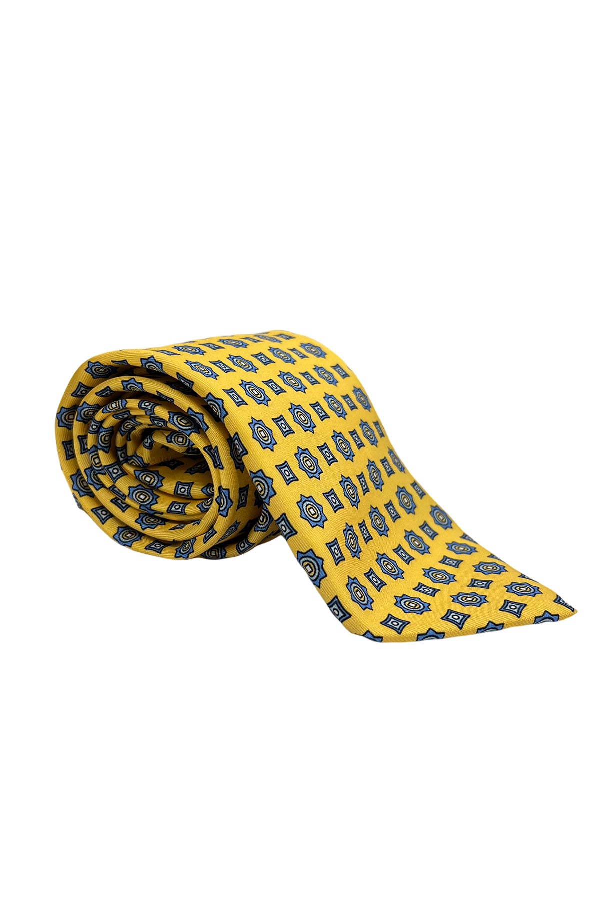 Cravatta uomo gialla fantasia cerchi e quadri multcolor da cerimonia elegante pura seta cucita a mano 9cm