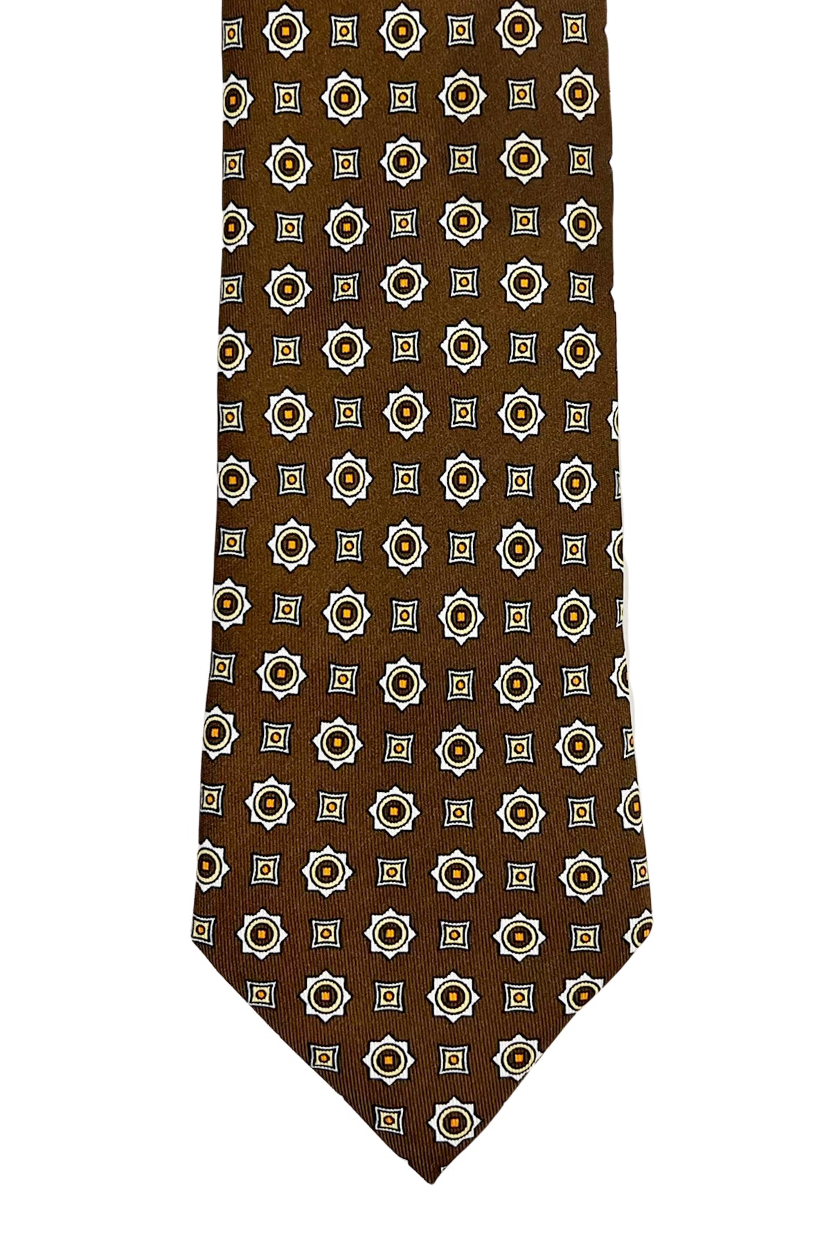Cravatta uomo marrone fantasia cerchi e quadri multcolor da cerimonia elegante pura seta cucita a mano 9cm