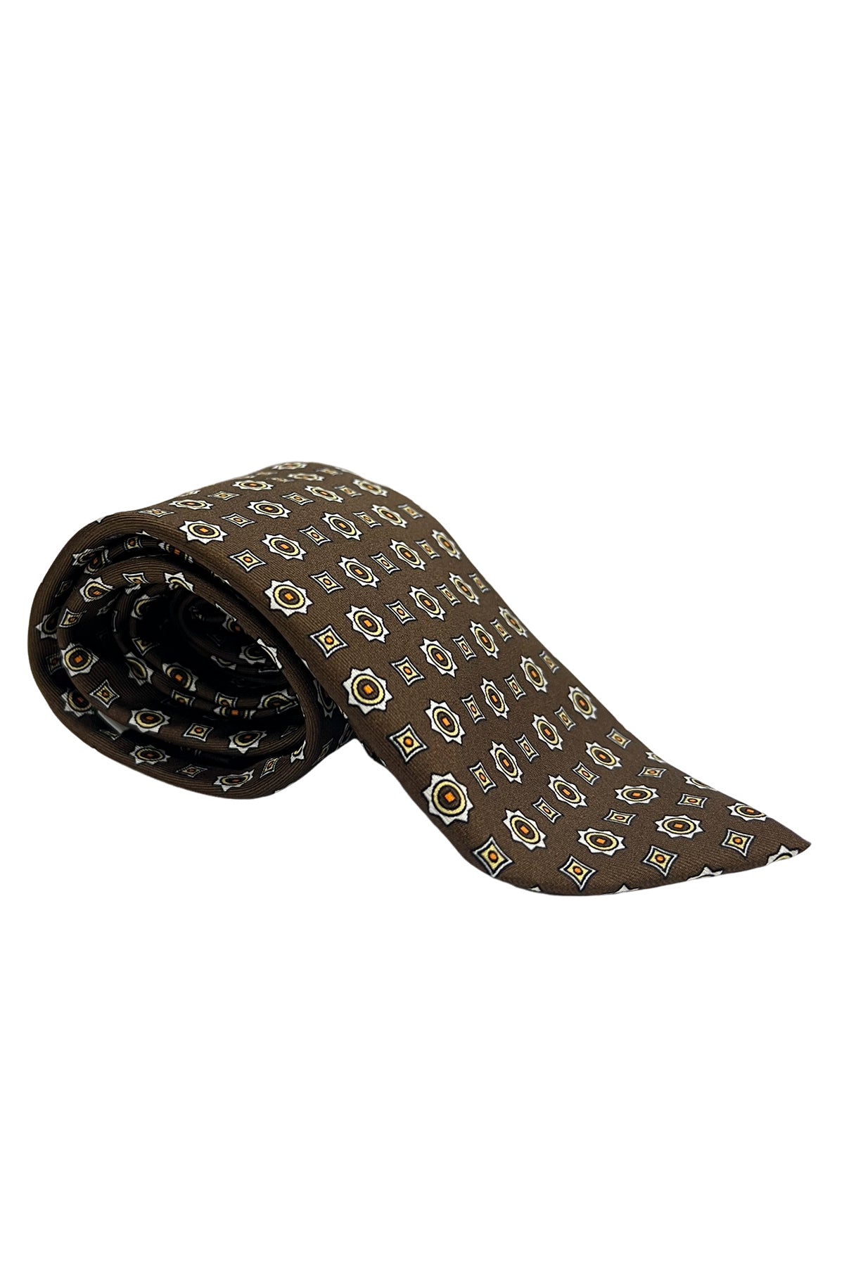 Cravatta uomo marrone fantasia cerchi e quadri multcolor da cerimonia elegante pura seta cucita a mano 9cm