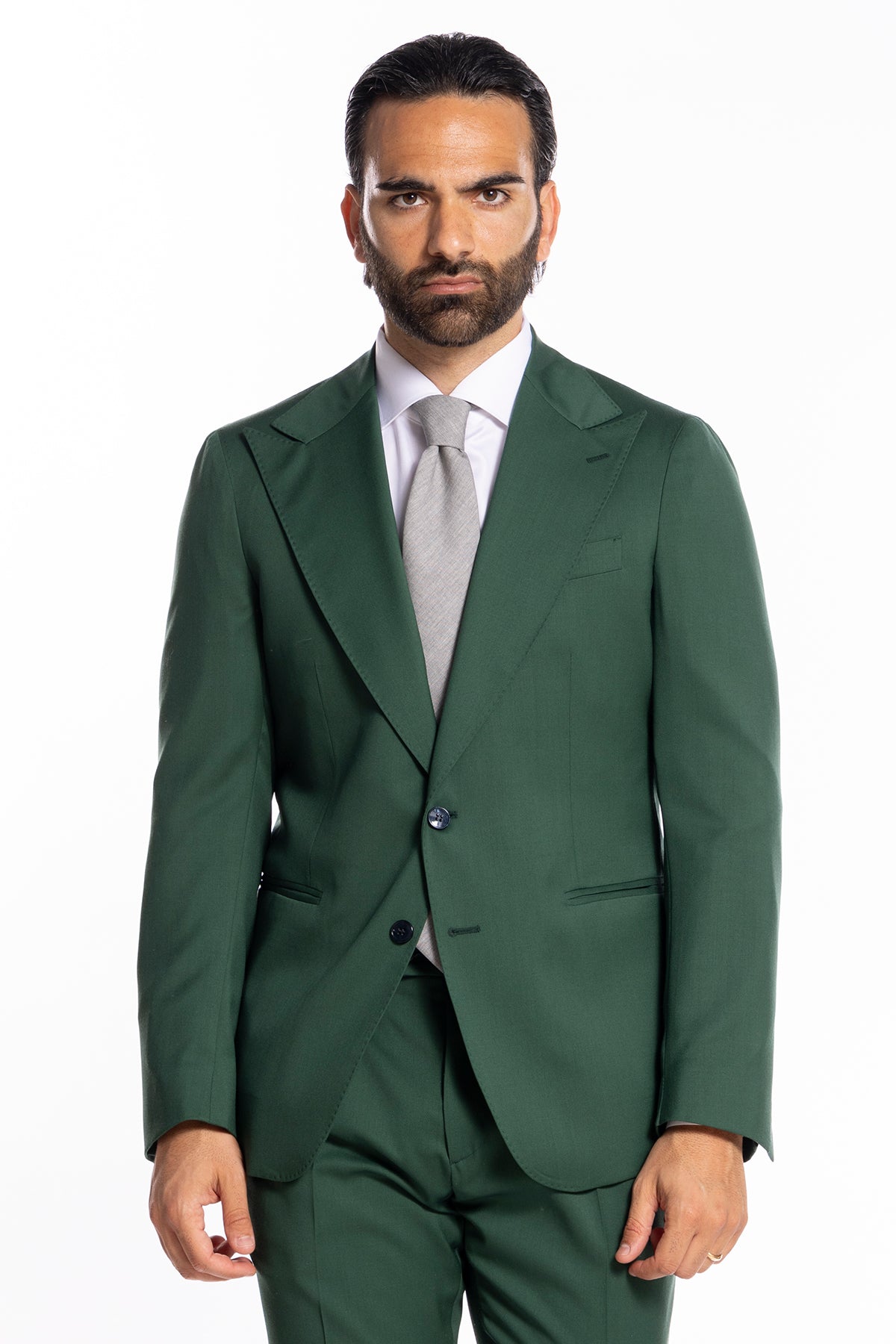 Giacca uomo monopetto verde bottiglia fresco lana super 130's Bristol Tessuti Rever a lancia 12cm