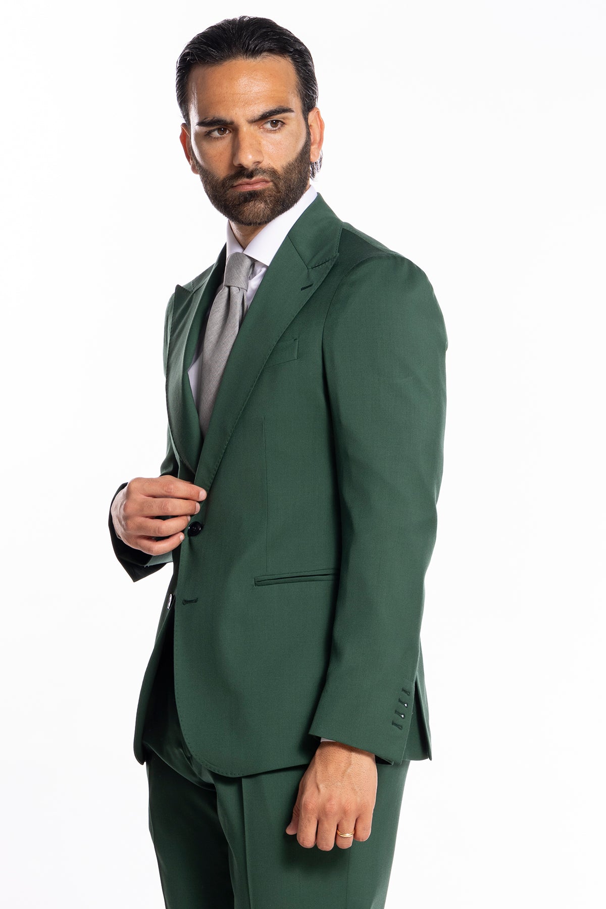 Giacca uomo monopetto verde bottiglia fresco lana super 130's Bristol Tessuti Rever a lancia 12cm