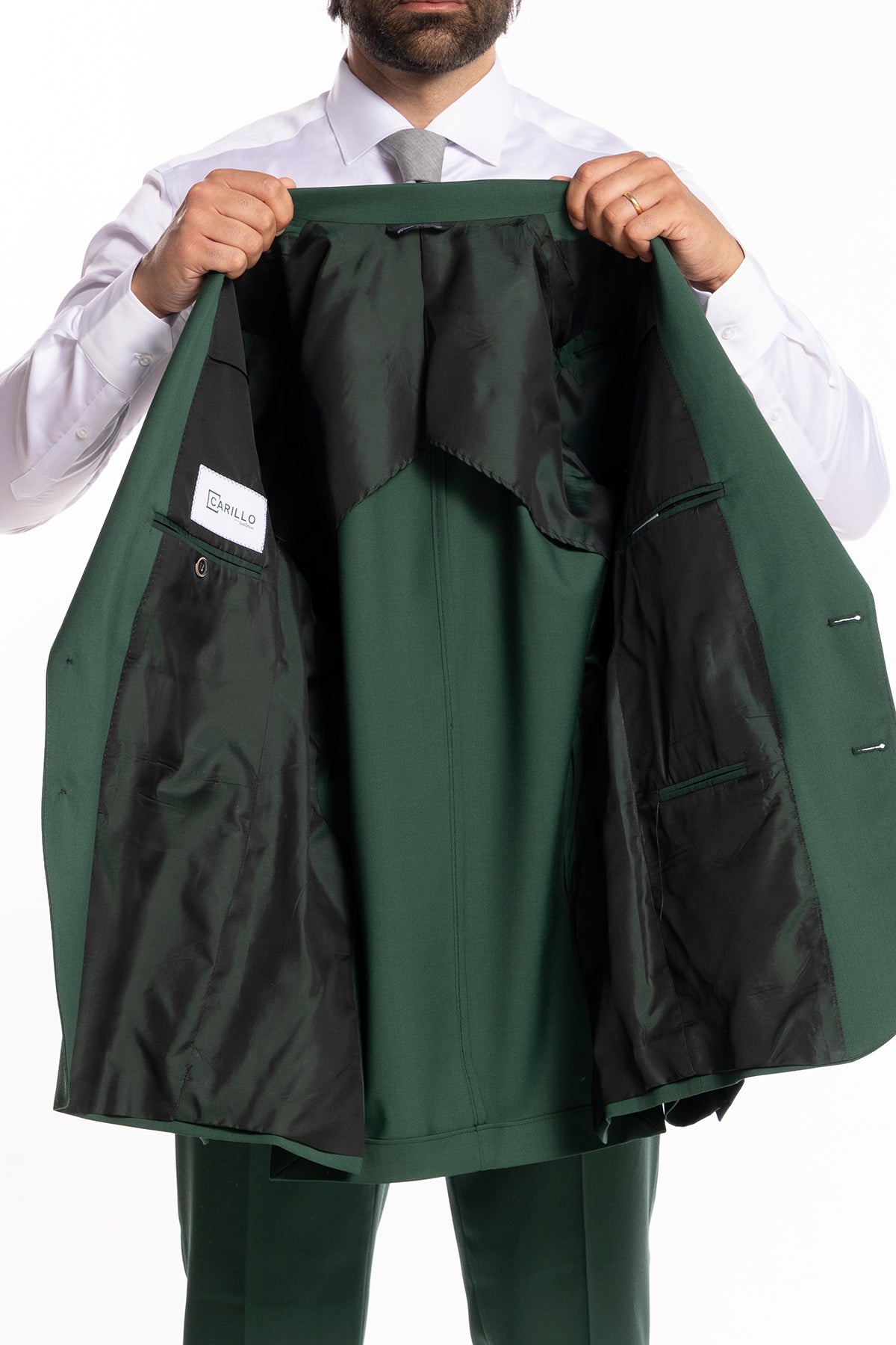 Giacca uomo monopetto verde bottiglia fresco lana super 130's Bristol Tessuti Rever a lancia 12cm