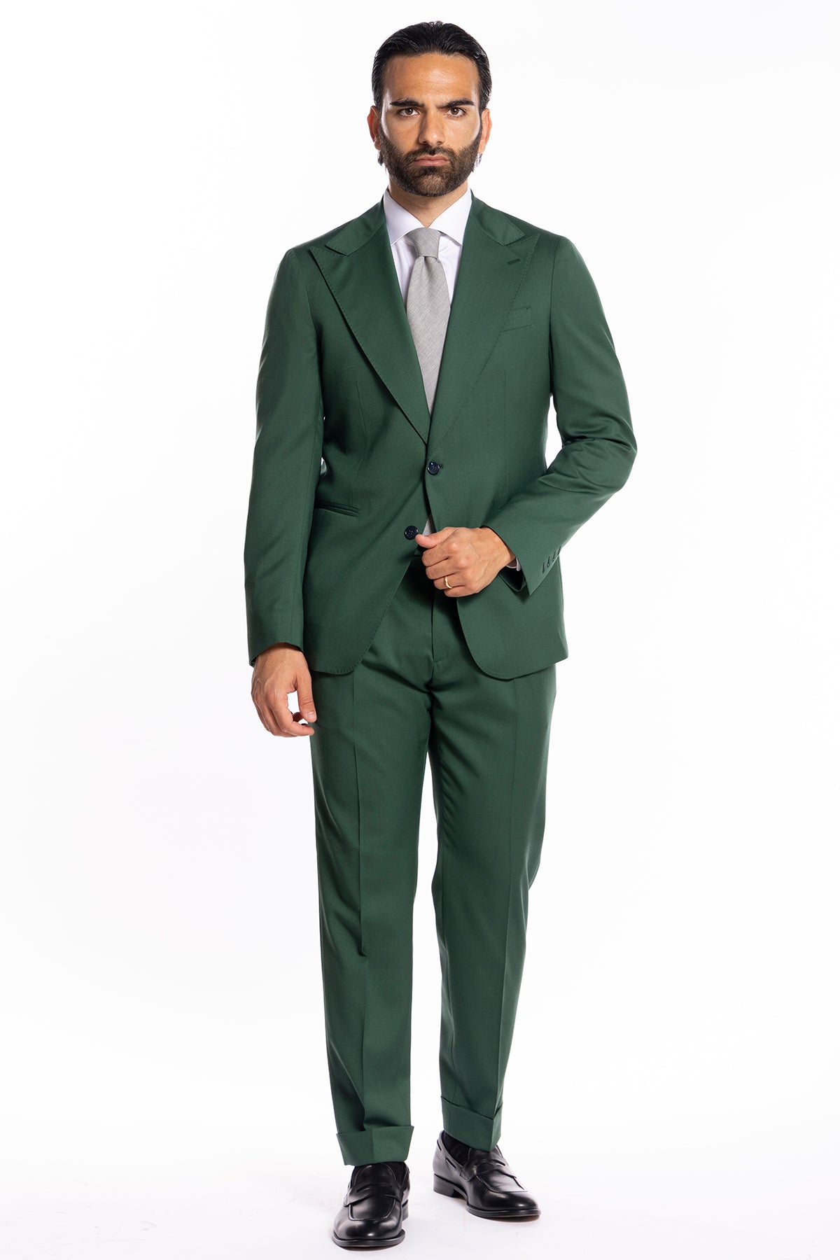 Giacca uomo monopetto verde bottiglia fresco lana super 130's Bristol Tessuti Rever a lancia 12cm