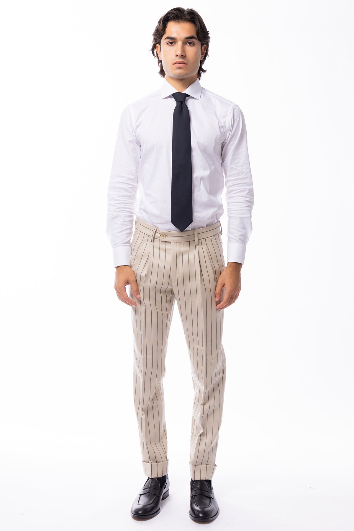 Pantalone uomo beige gessato nero vita alta in lana Holland & Sherry doppia pinces risvolto 5cm