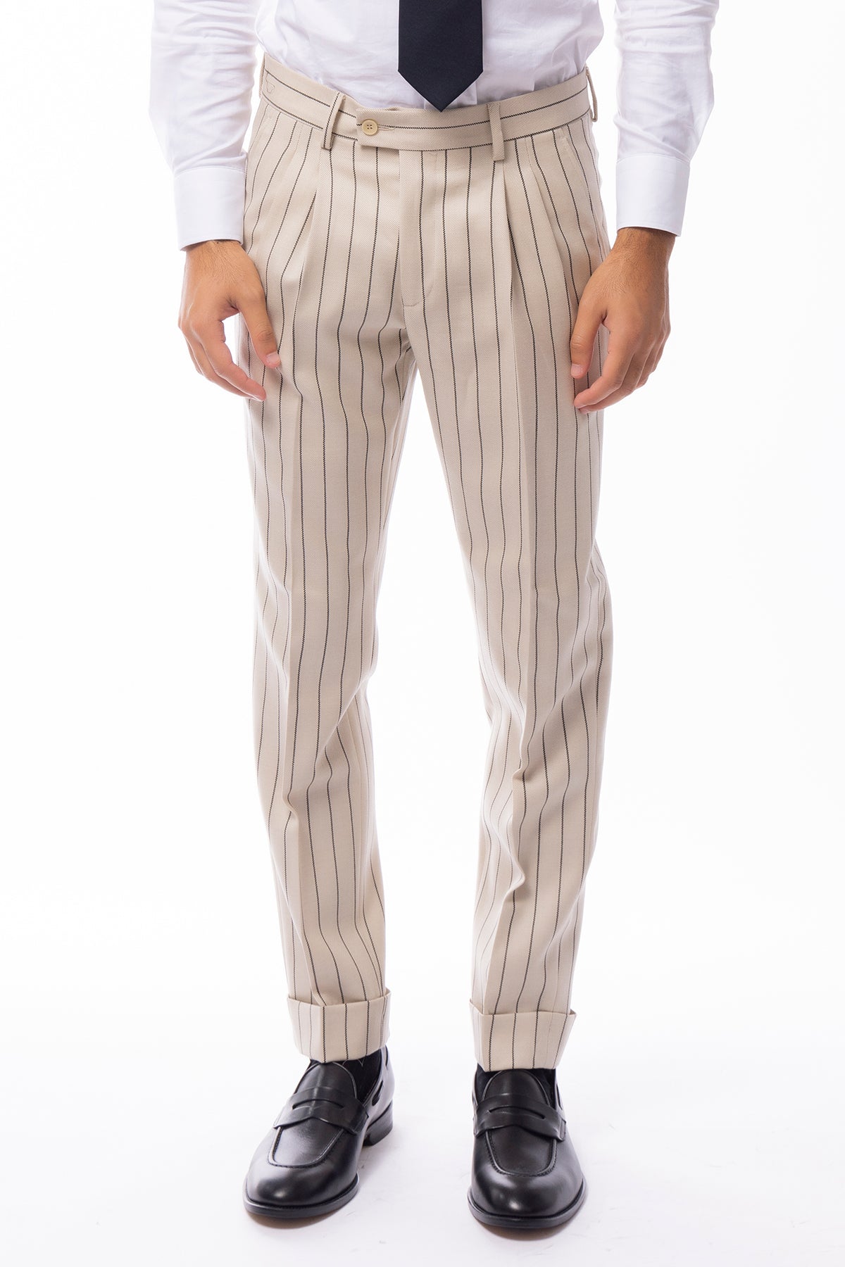 Pantalone uomo beige gessato nero vita alta in lana Holland & Sherry doppia pinces risvolto 5cm