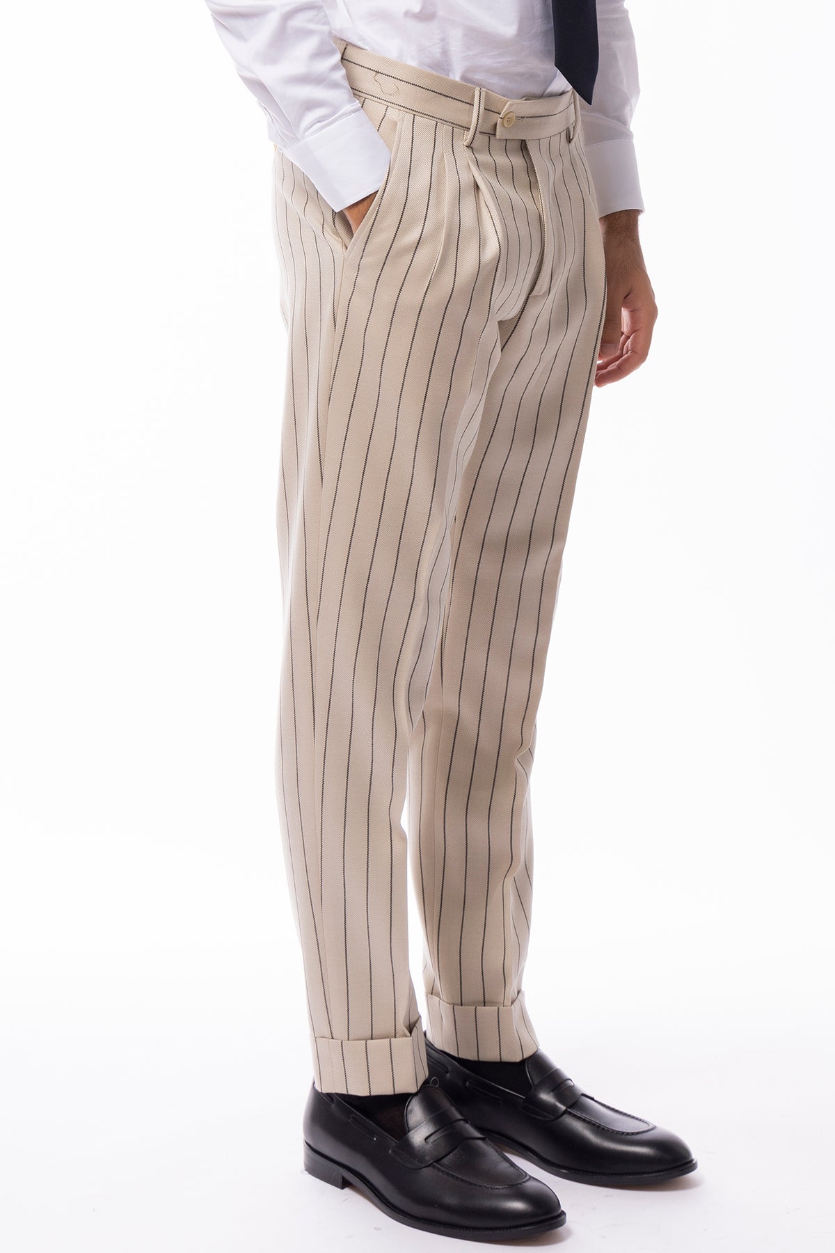 Abito uomo Doppiopetto beige gessata nera in in lana flanella Holland & Sherry slim fit rever largo