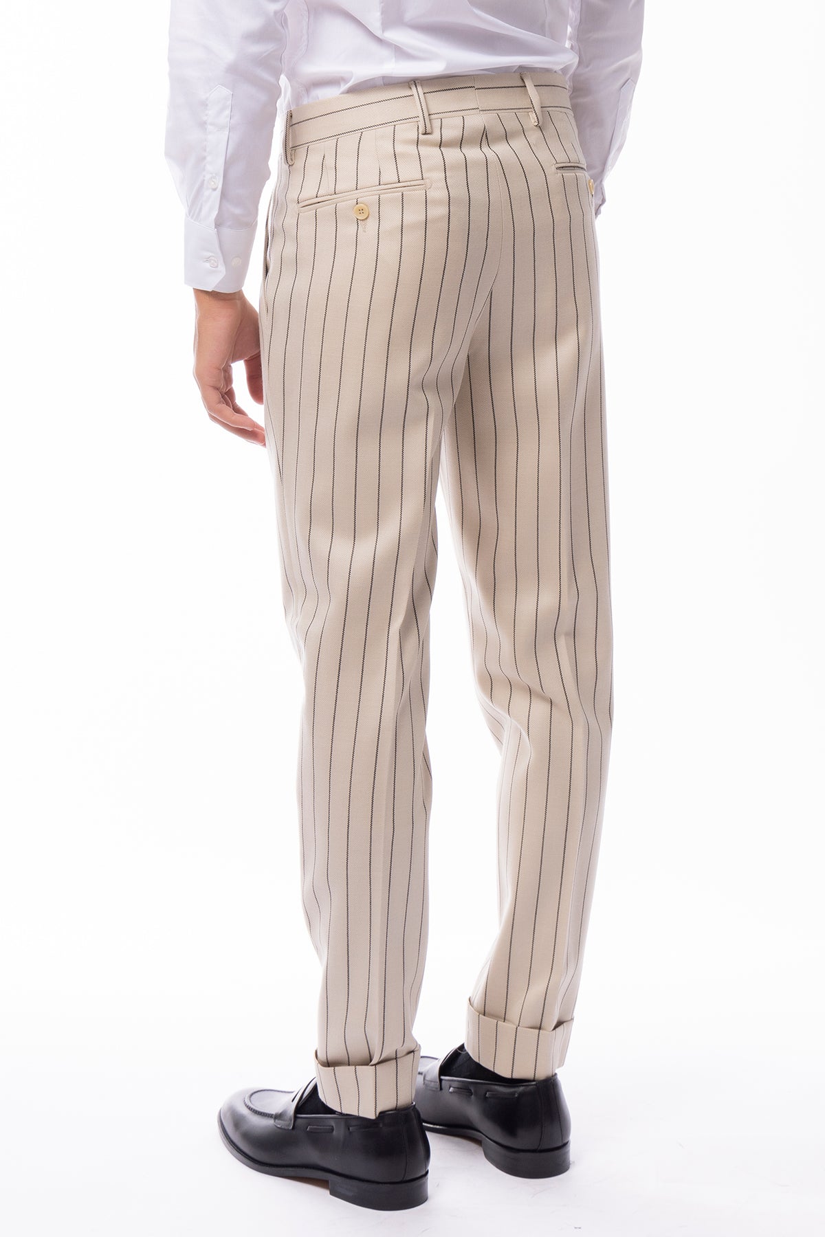 Pantalone uomo beige gessato nero vita alta in lana Holland & Sherry doppia pinces risvolto 5cm