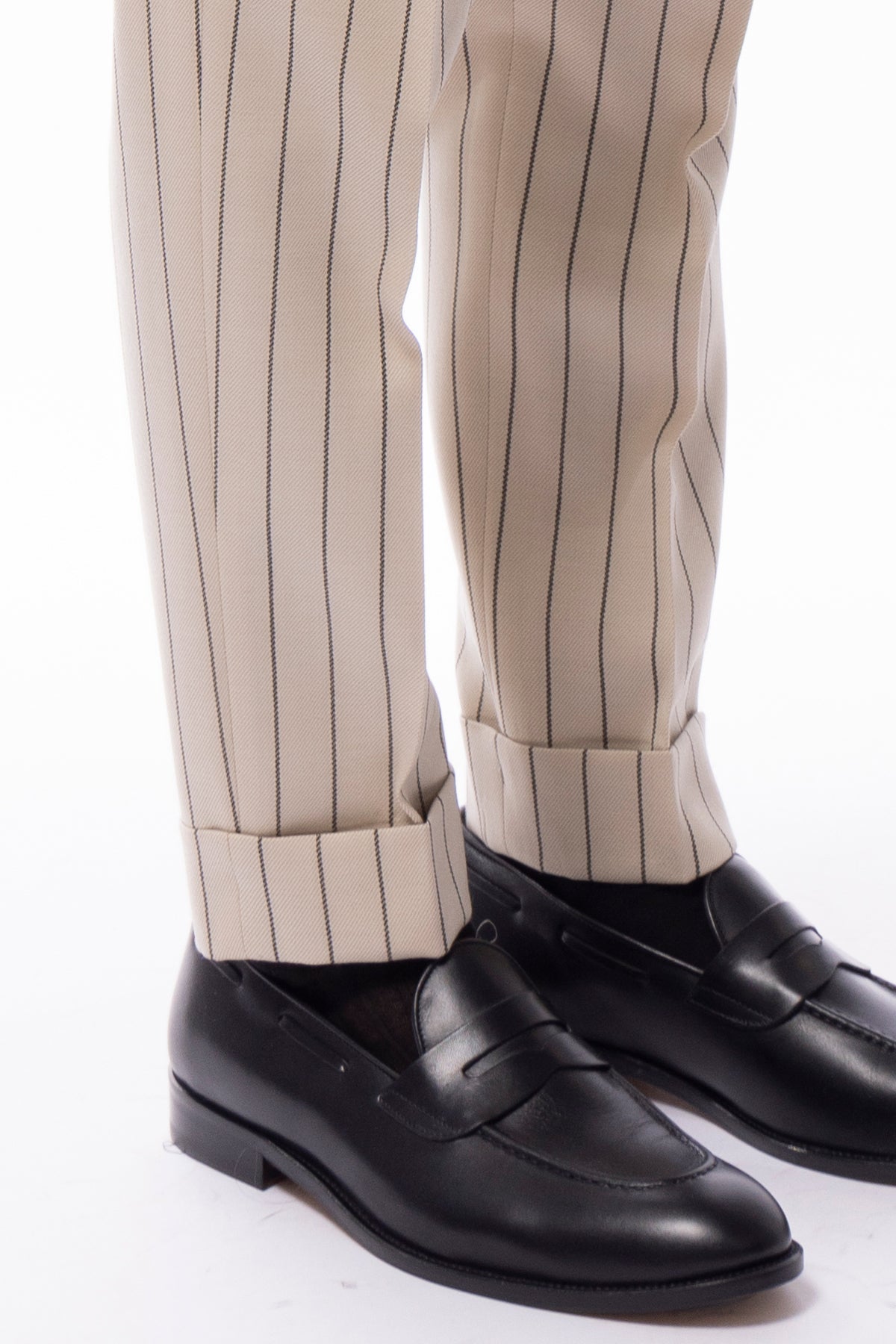 Pantalone uomo beige gessato nero vita alta in lana Holland & Sherry doppia pinces risvolto 5cm