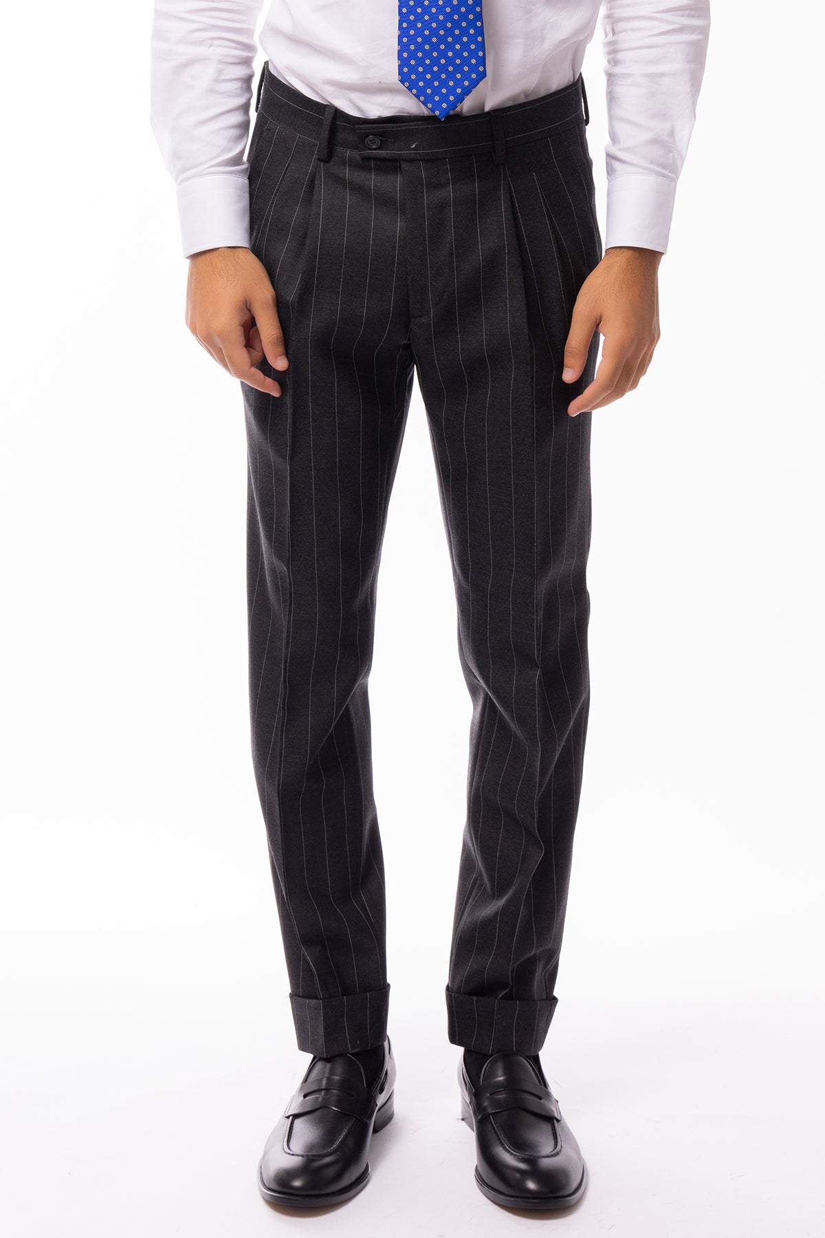 Pantalone uomo grigio gessato bianco in lana flanella 100% Vitale Barberis Canonico vita alta risvolto 5cm