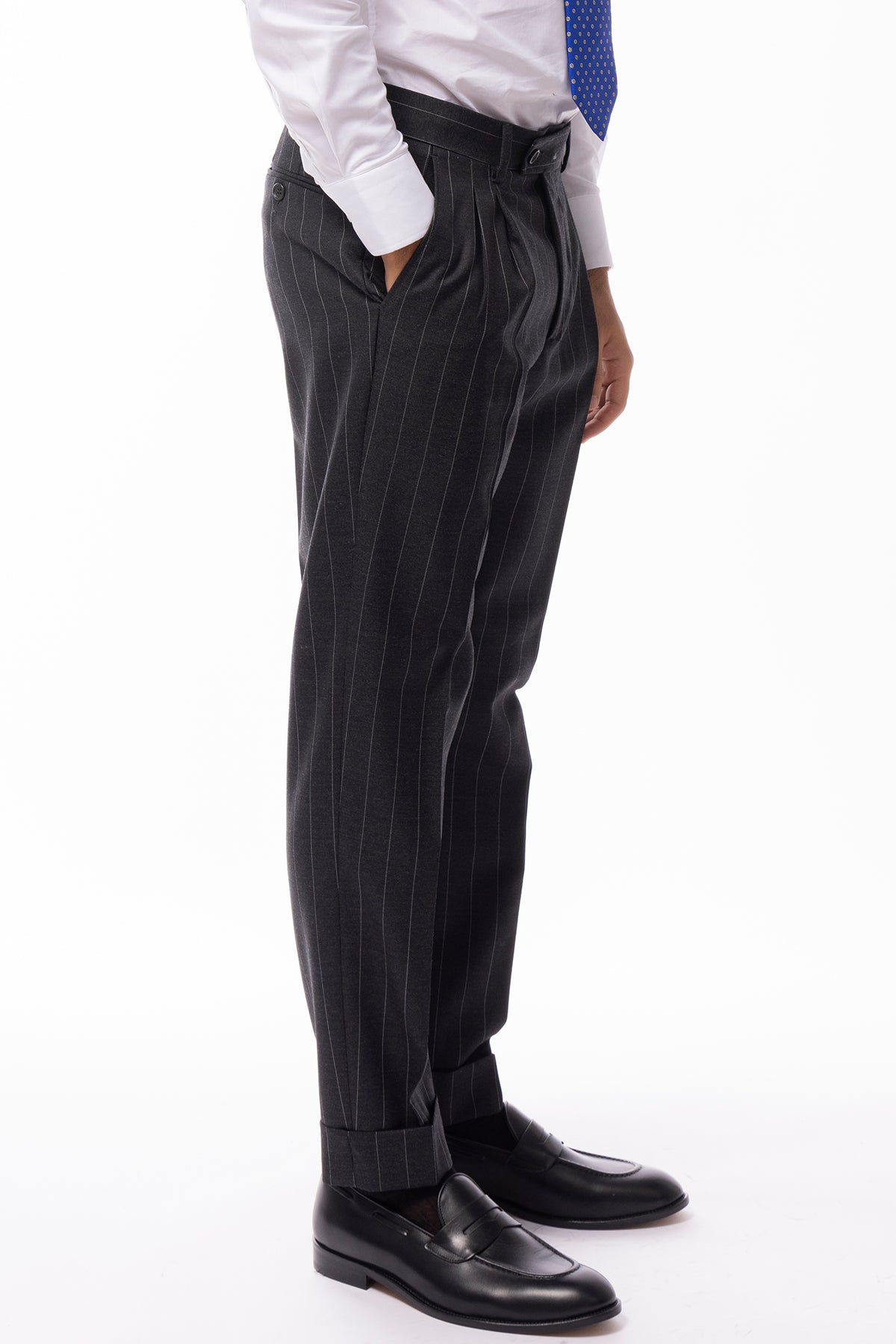 Pantalone uomo grigio gessato bianco in lana flanella 100% Vitale Barberis Canonico vita alta risvolto 5cm