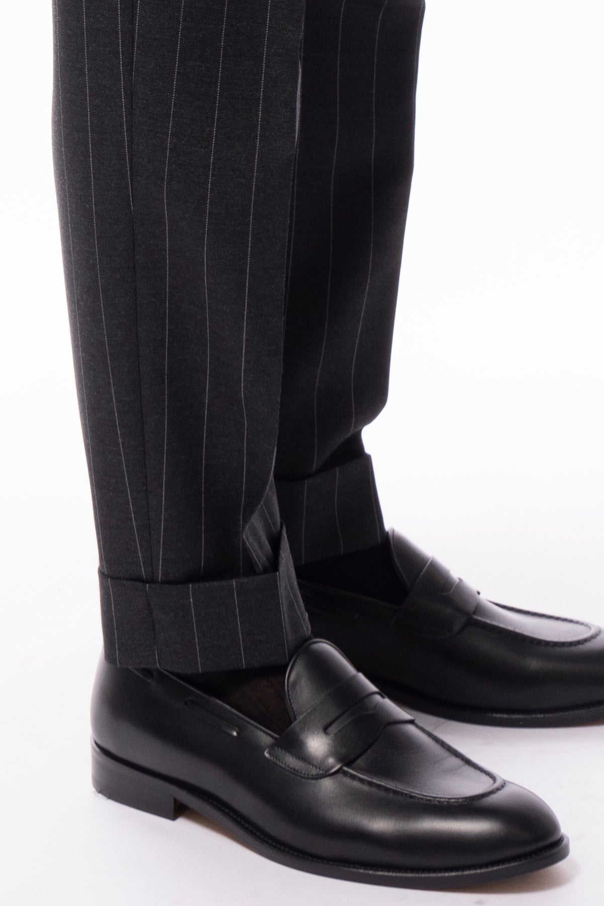 Pantalone uomo grigio gessato bianco in lana flanella 100% Vitale Barberis Canonico vita alta risvolto 5cm
