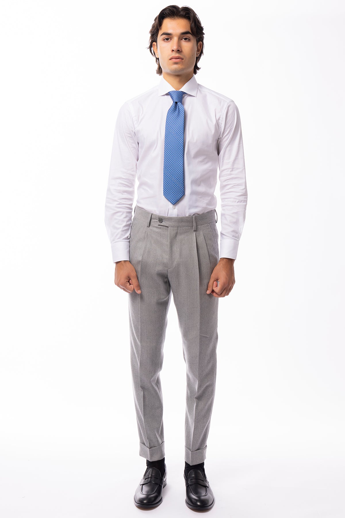 Pantalone uomo grigio spigato vita alta tasca america in lana flanella Holland & Sherry con doppia pinces