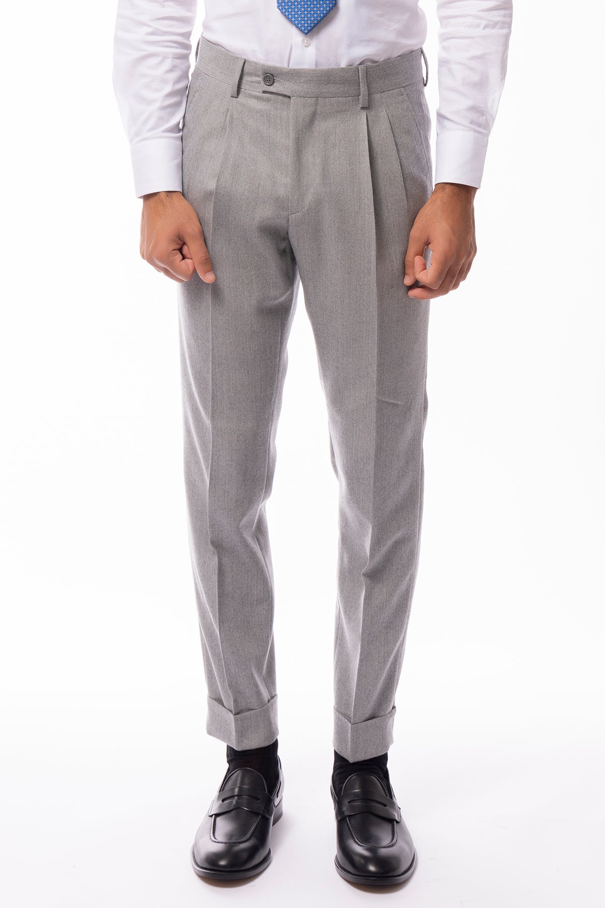 Pantalone uomo grigio spigato vita alta tasca america in lana flanella Holland & Sherry con doppia pinces