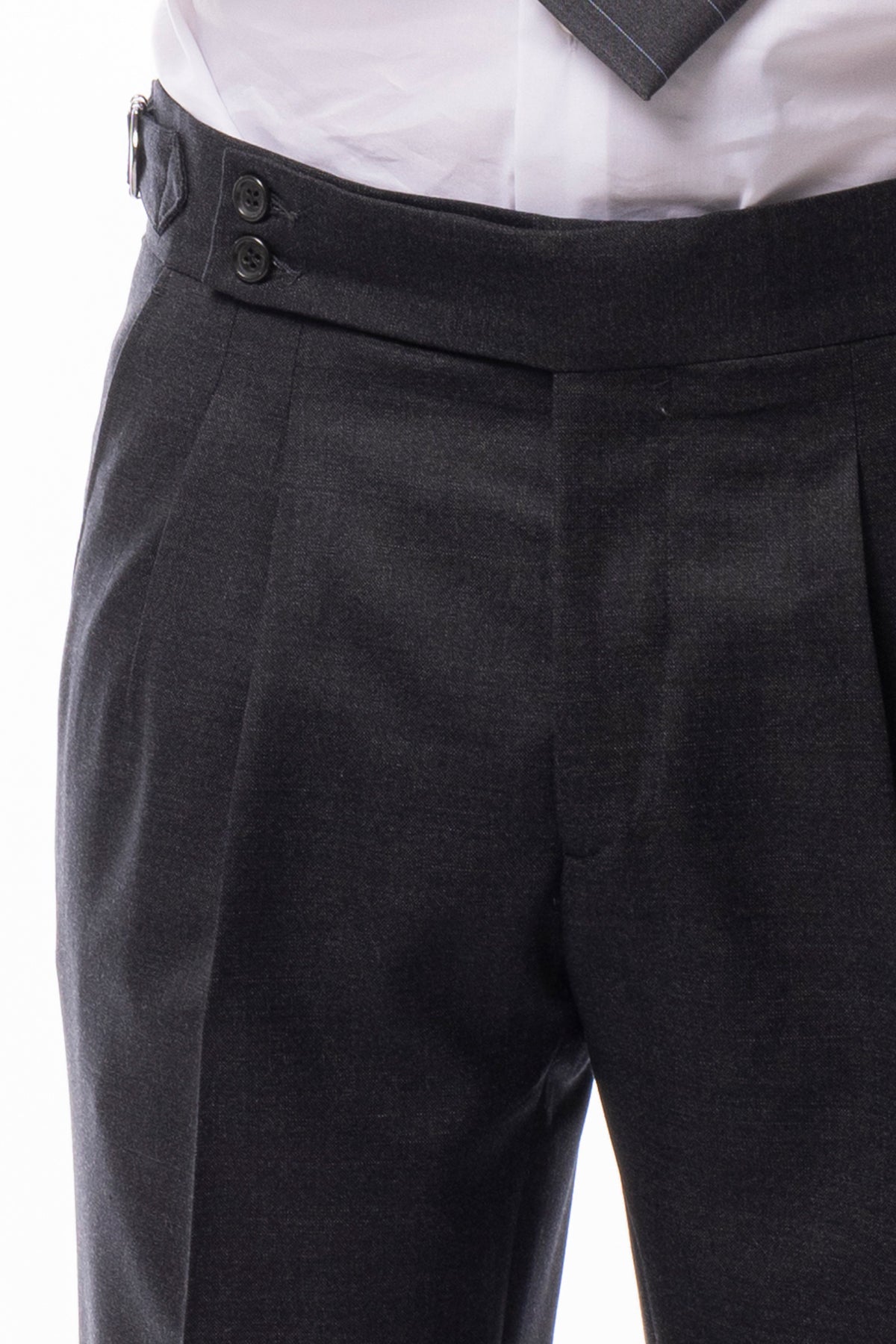 Pantalone uomo grigio scuro in lana flanella 100% Vitale Barberis Canonico vita alta doppia pince risvolto 5cm con fibbie laterali