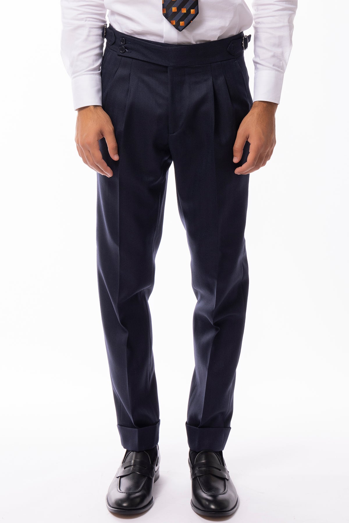 Pantalone uomo blu spigato vita alta con fibbie laterali 100% Lana WORSTED Holland & Sherry doppia pinces risvolto 5cm