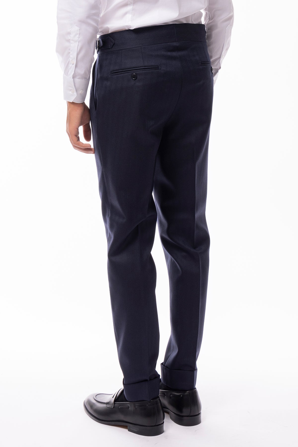 Pantalone uomo blu spigato vita alta con fibbie laterali 100% Lana WORSTED Holland & Sherry doppia pinces risvolto 5cm