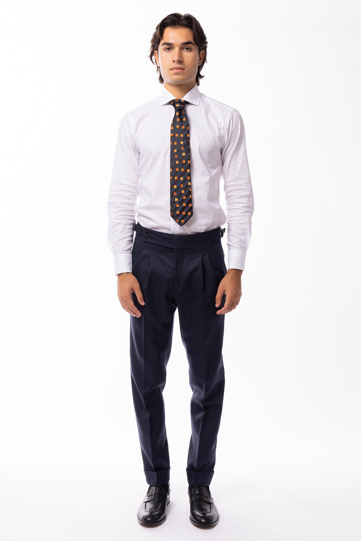 Pantalone uomo blu spigato vita alta con fibbie laterali 100% Lana WORSTED Holland &amp; Sherry doppia pinces risvolto 5cm