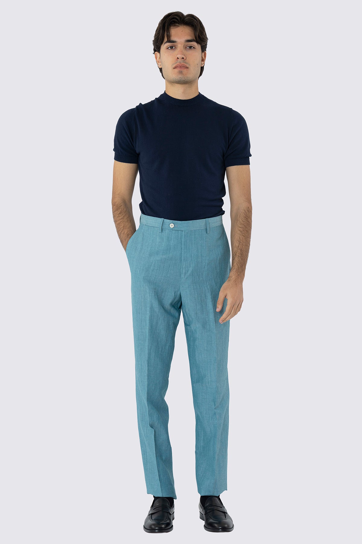 Pantalone uomo azzurro in lino e fresco lana super120's Holland & Sherry slim fit orlo naturale