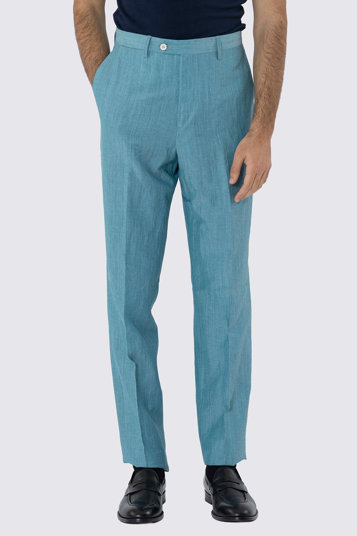Pantalone uomo azzurro in lino e fresco lana super120's Holland & Sherry slim fit orlo naturale