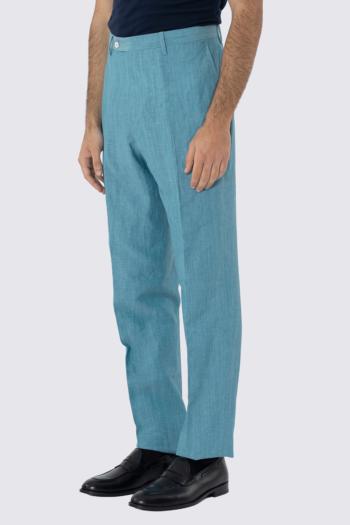 Pantalone uomo azzurro in lino e fresco lana super120's Holland & Sherry slim fit orlo naturale