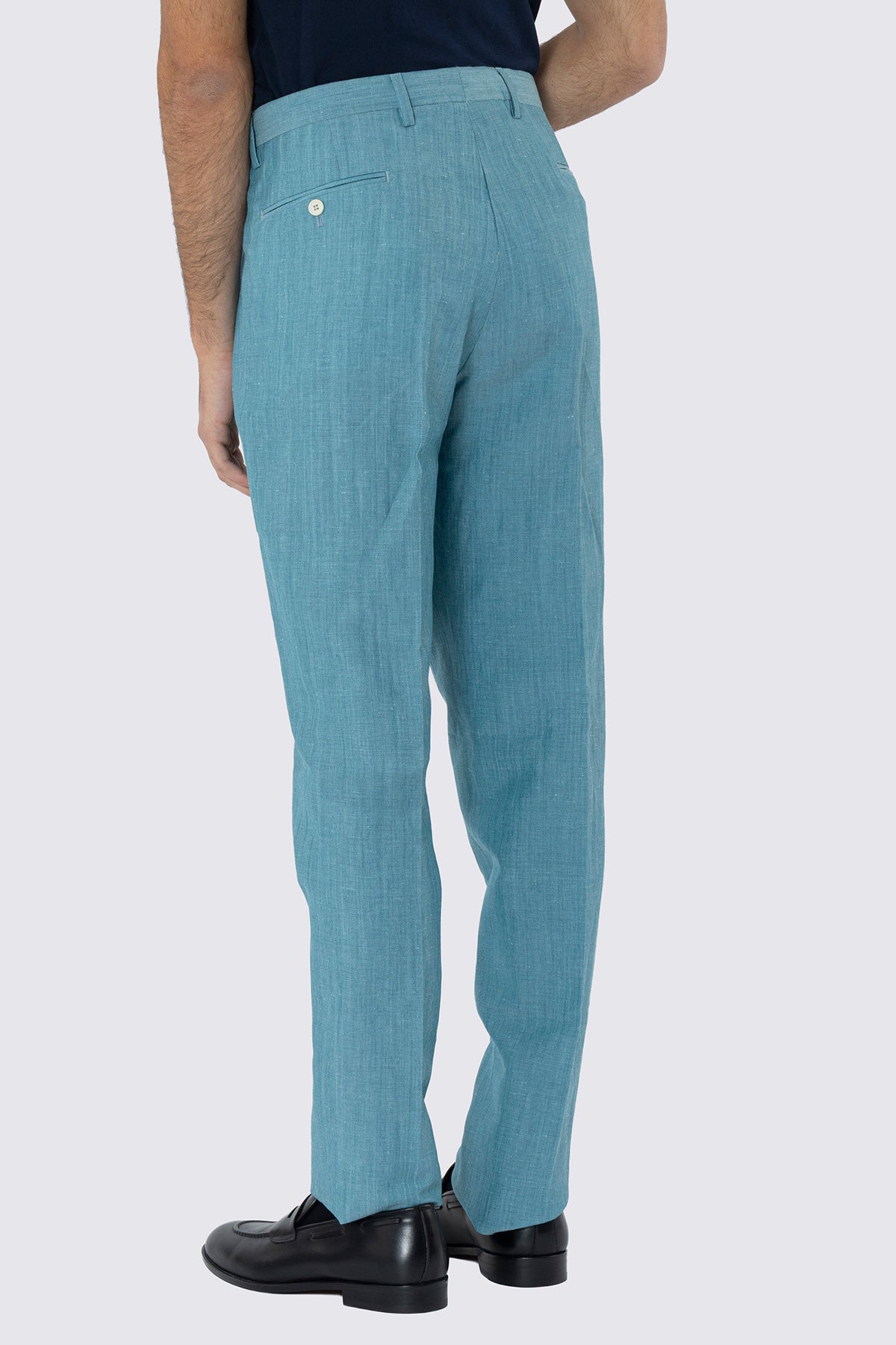 Pantalone uomo azzurro in lino e fresco lana super120's Holland & Sherry slim fit orlo naturale