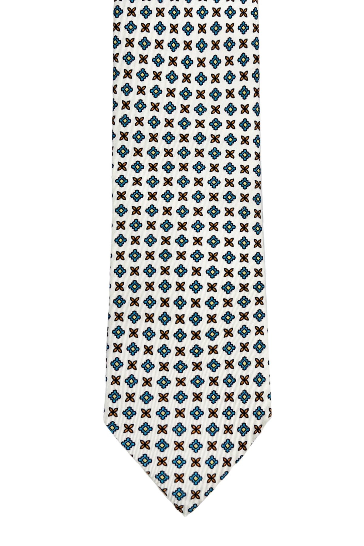 Cravatta uomo bianca fantasia rombi multcolor da cerimonia elegante pura seta cucita a mano 9cm