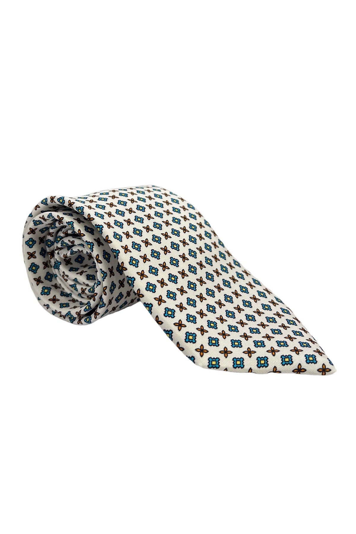 Cravatta uomo bianca fantasia rombi multcolor da cerimonia elegante pura seta cucita a mano 9cm