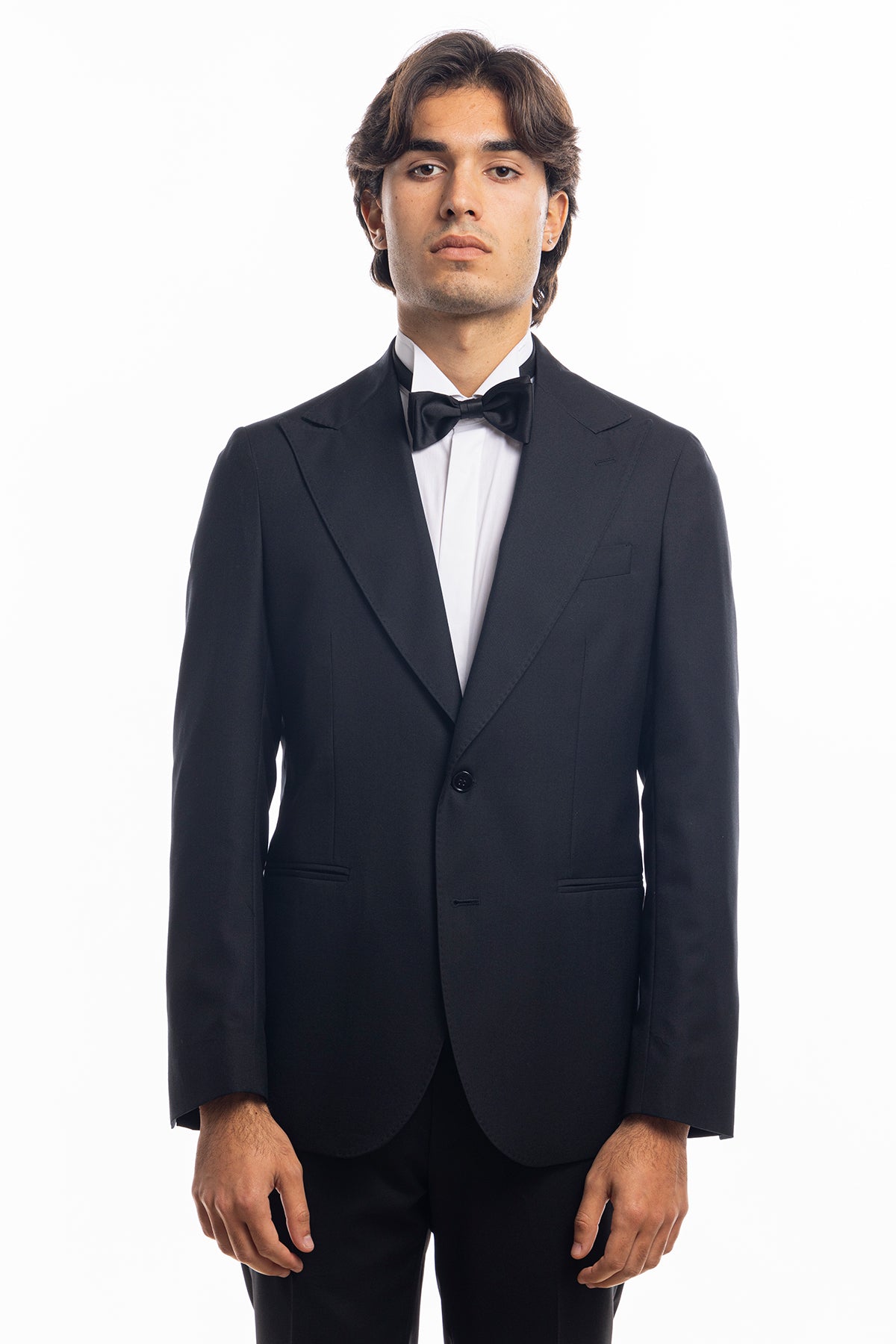 Giacca uomo monopetto nera fresco lana super 140's Holland & Sherry Rever a lancia 12cm
