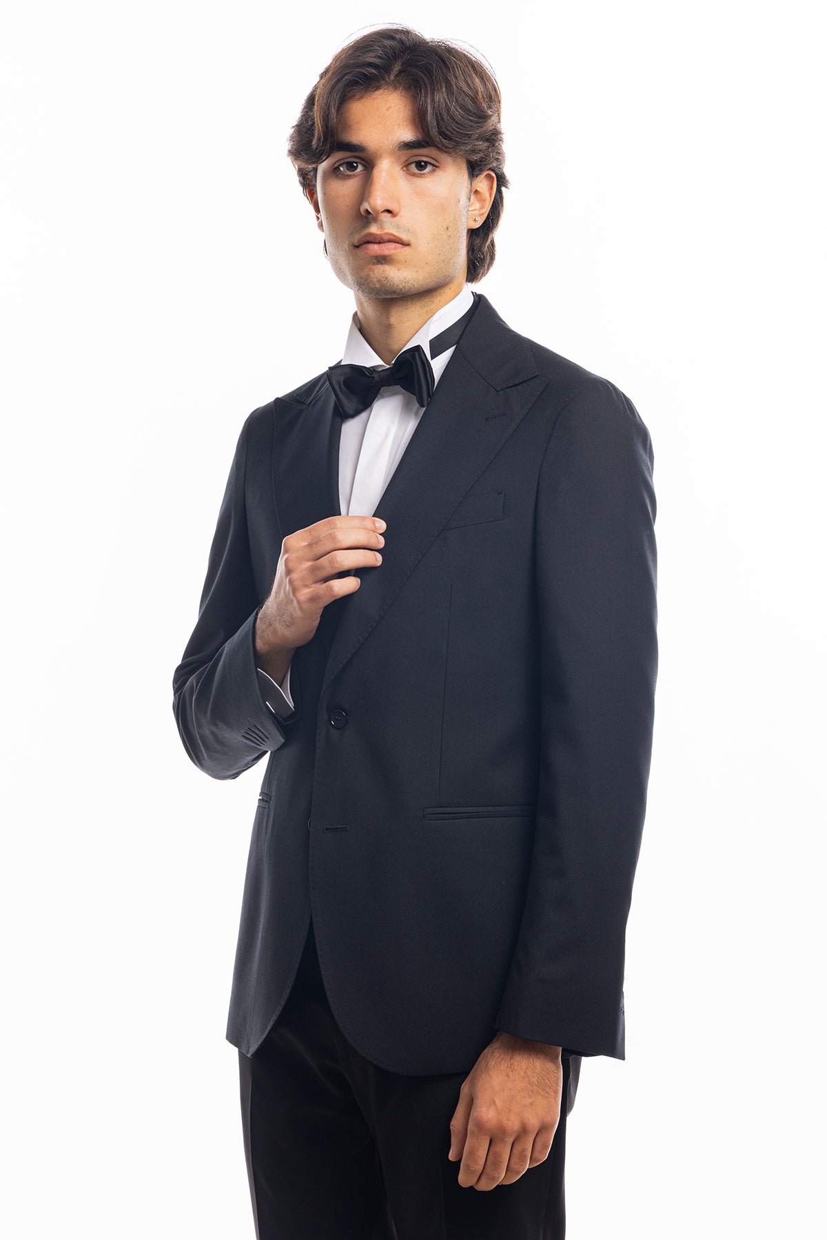 Giacca uomo monopetto nera fresco lana super 140's Holland & Sherry Rever a lancia 12cm