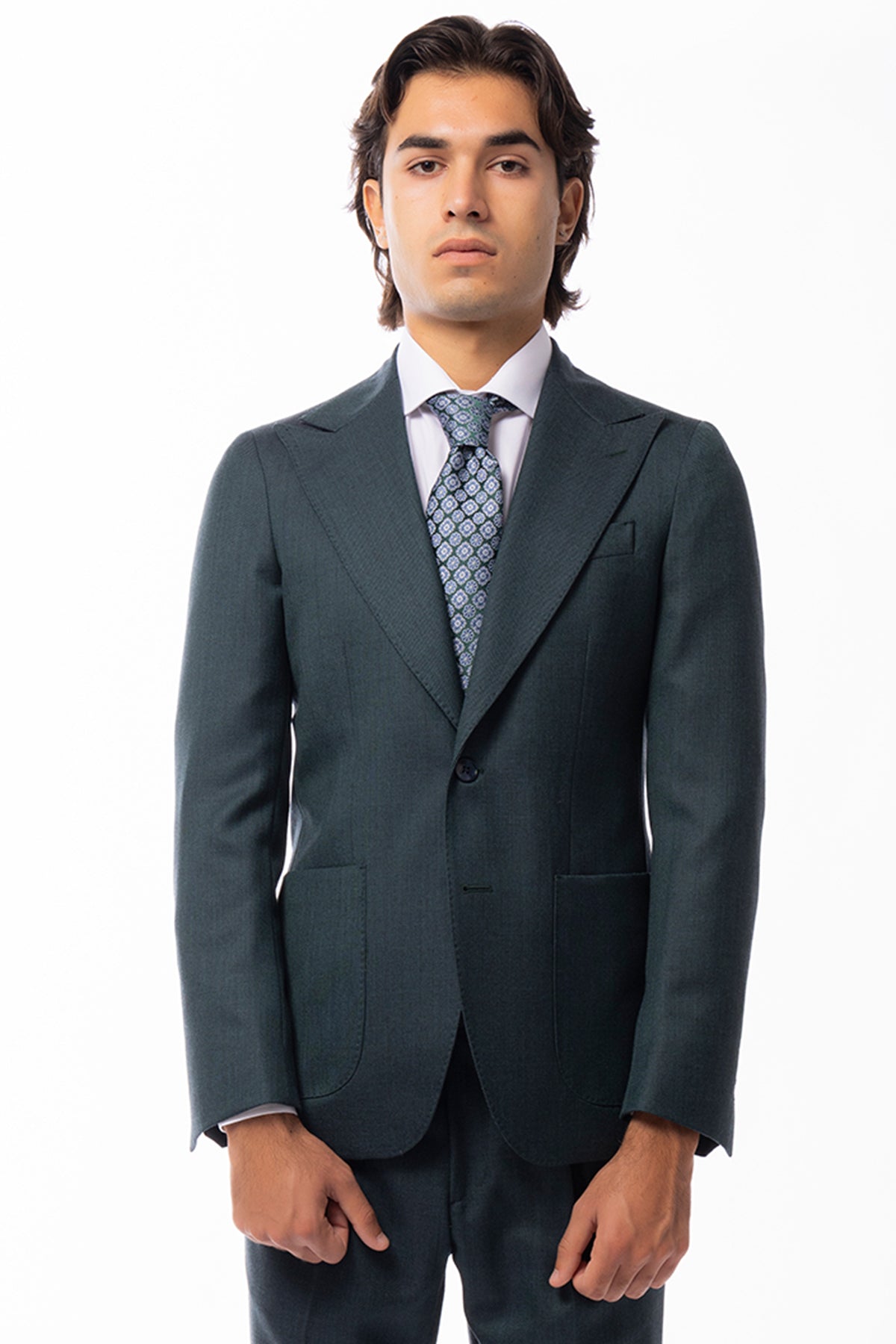 Giacca uomo monopetto verde nido d'ape in pura lana 100% Holland & Sherry Rever a lancia e tasche a toppe