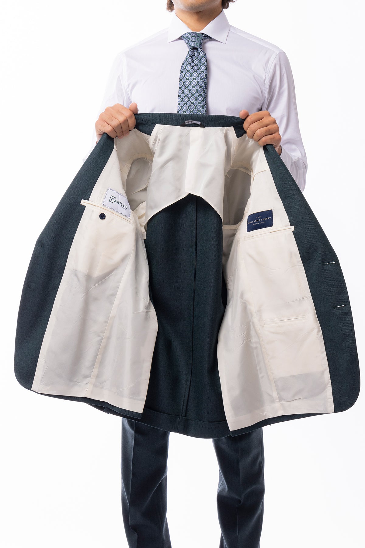 Giacca uomo monopetto verde nido d'ape in pura lana 100% Holland & Sherry Rever a lancia e tasche a toppe