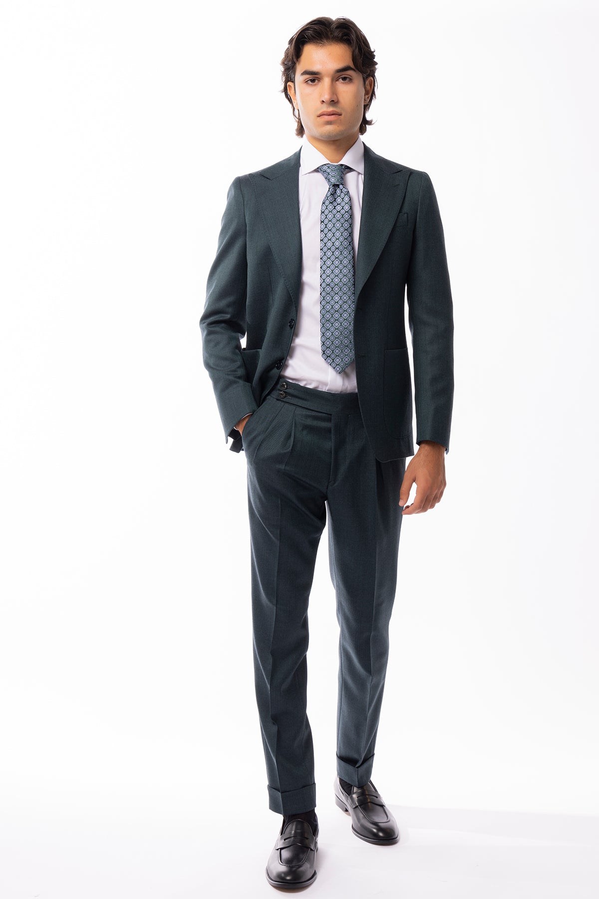 Giacca uomo monopetto verde nido d'ape in pura lana 100% Holland & Sherry Rever a lancia e tasche a toppe