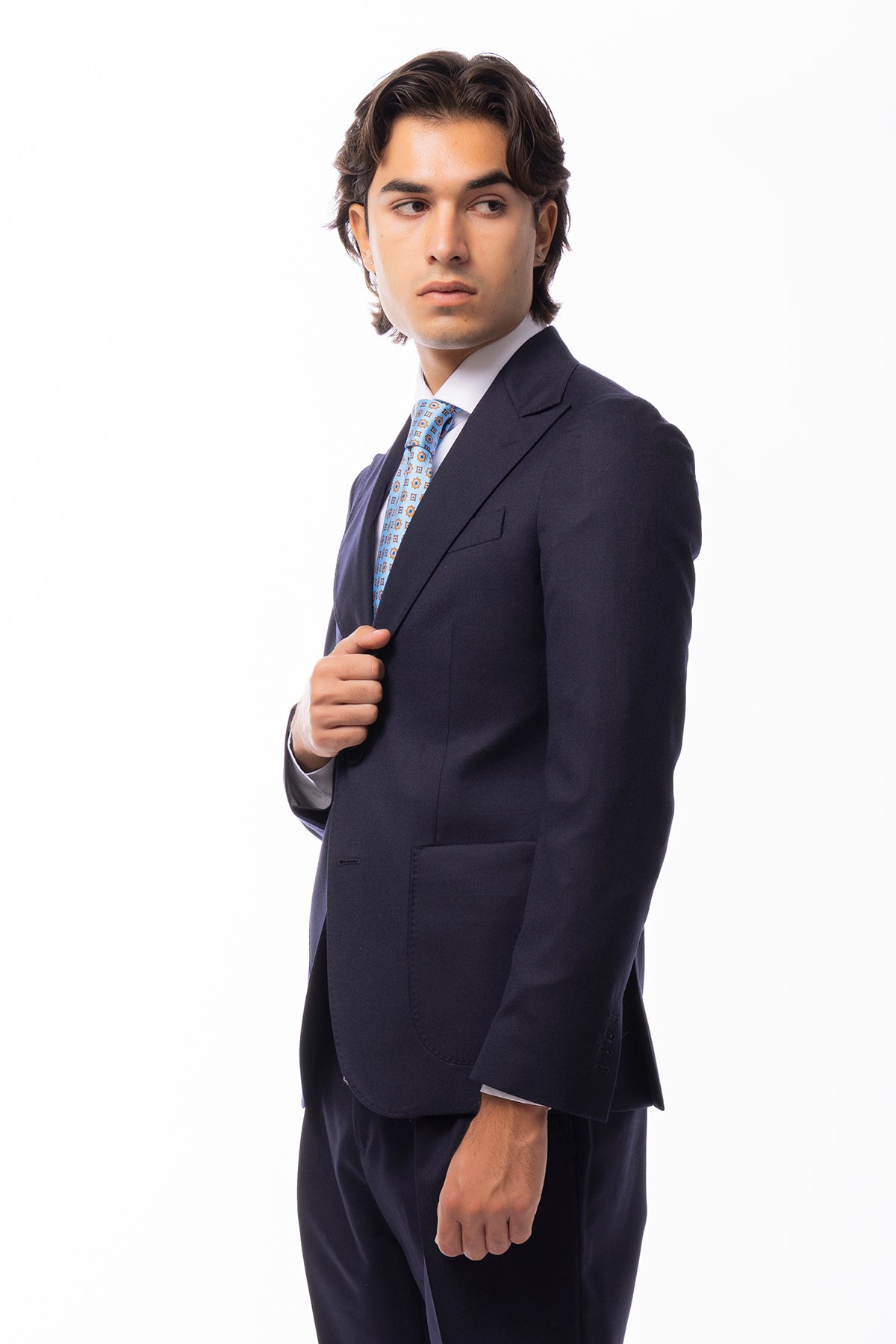 Abito uomo monopetto blu in lana Flanella Vitale Barberis Canonico slim fit rever a lancia largo Tasche a Toppe