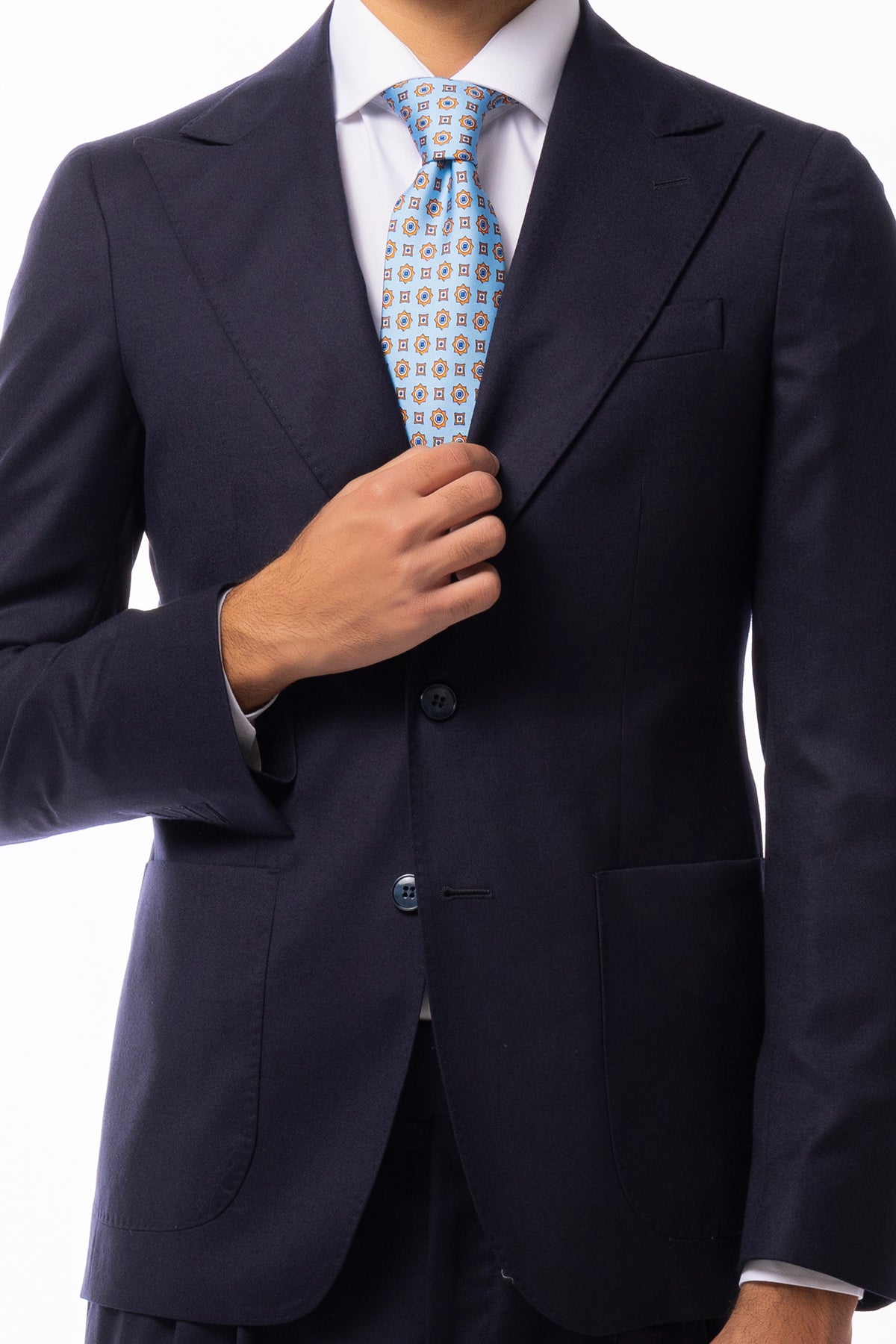 Giacca uomo monopetto blu in lana Flanella Vitale Barberis Canonico slim fit rever a lancia largo Tasche a Toppe