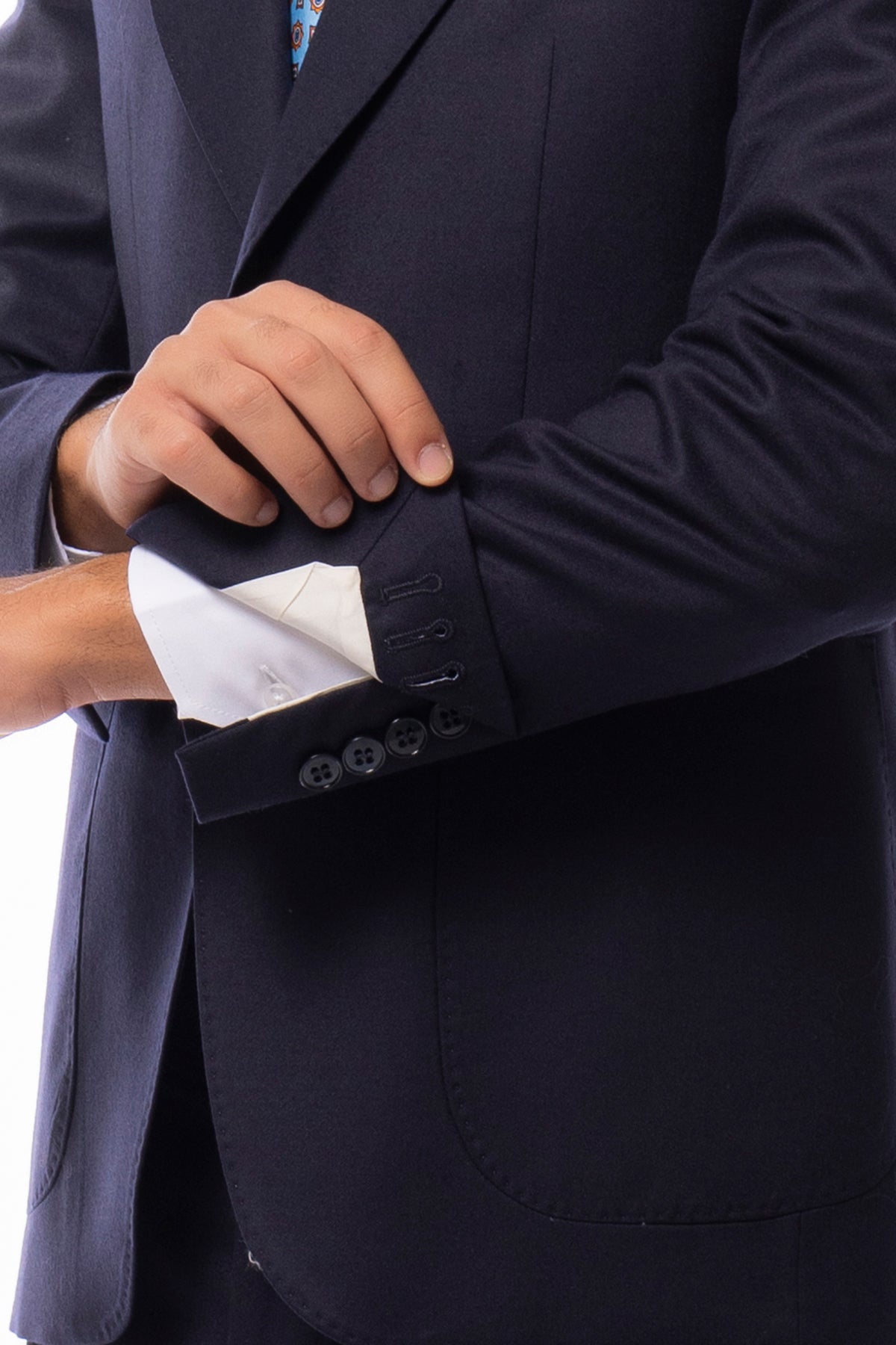 Giacca uomo monopetto blu in lana Flanella Vitale Barberis Canonico slim fit rever a lancia largo Tasche a Toppe