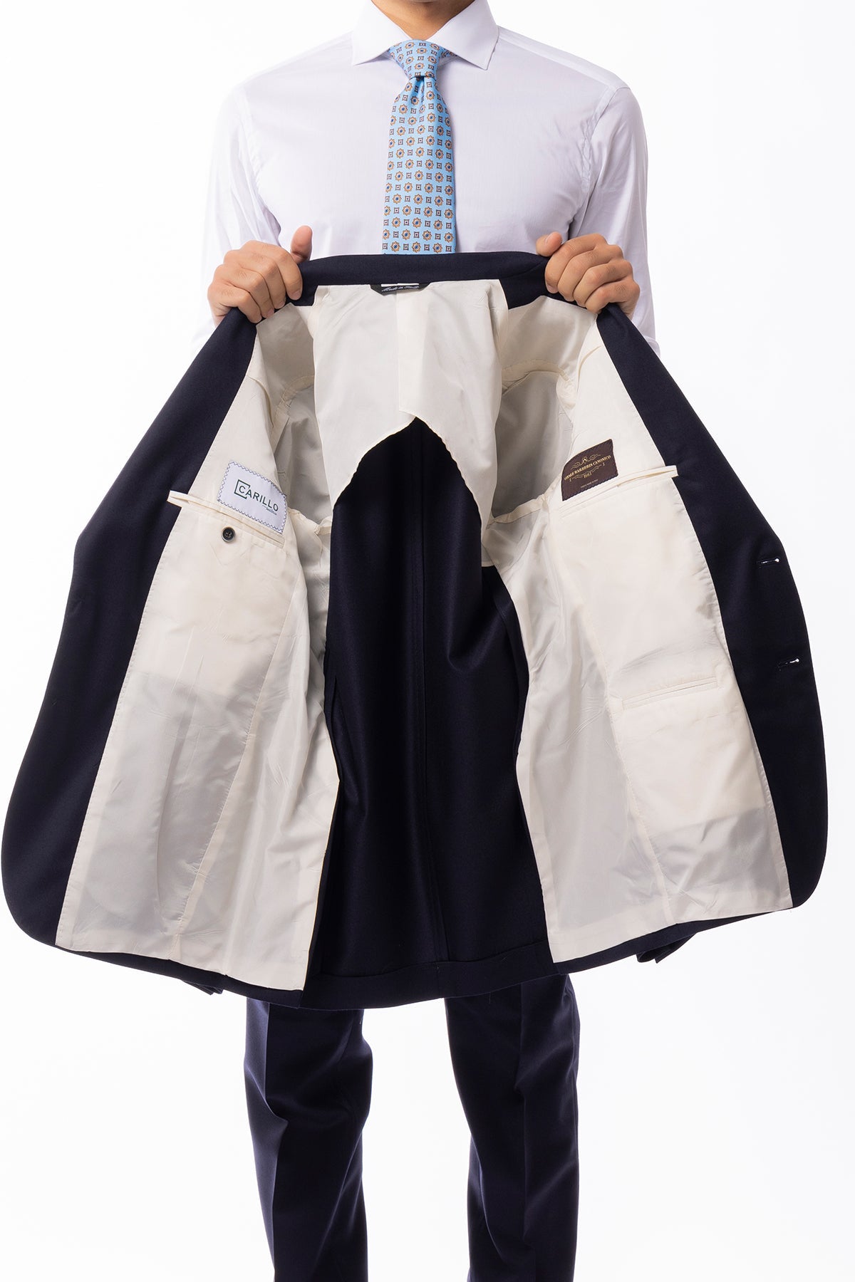 Abito uomo monopetto blu in lana Flanella Vitale Barberis Canonico slim fit rever a lancia largo Tasche a Toppe