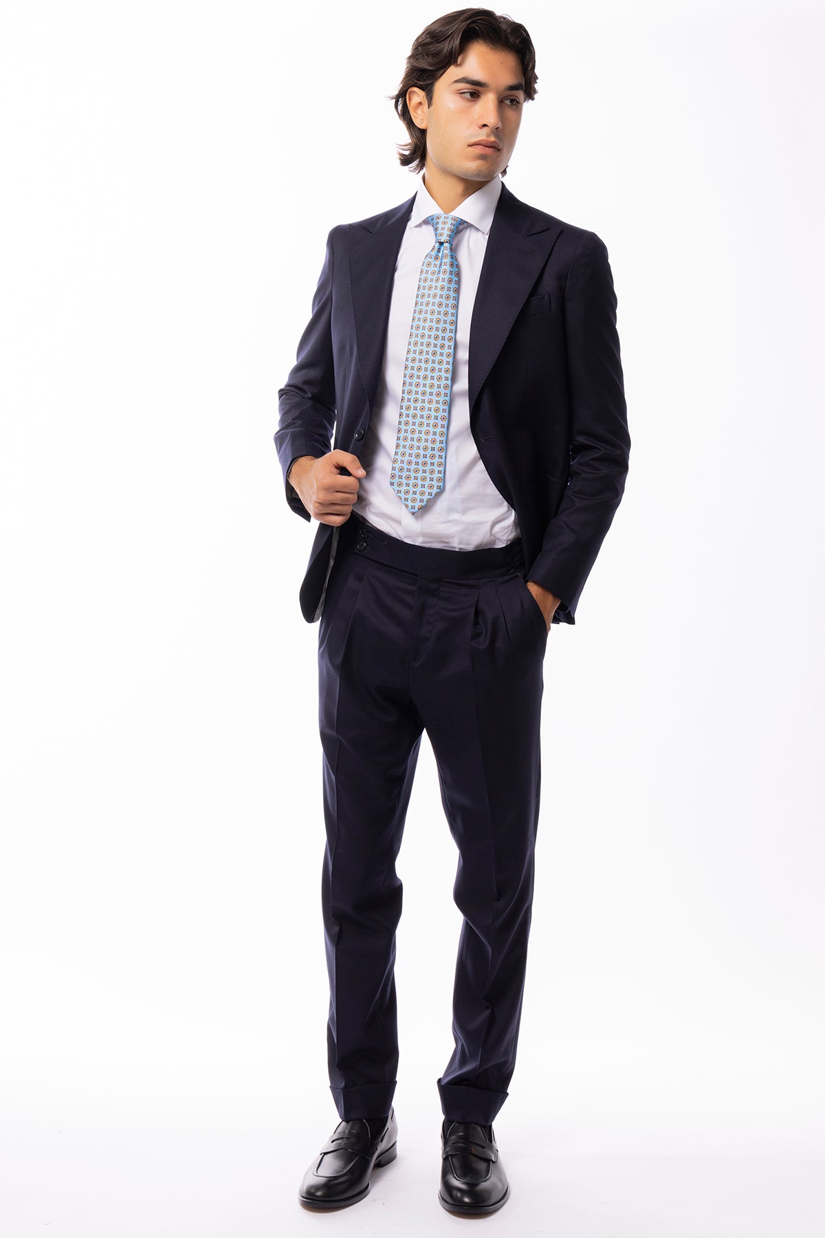 Abito uomo monopetto blu in lana Flanella Vitale Barberis Canonico slim fit rever a lancia largo Tasche a Toppe