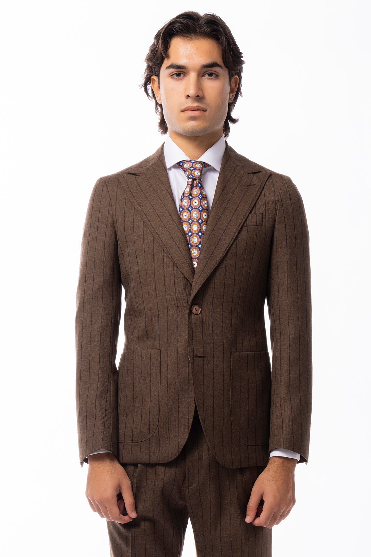 Giacca uomo monopetto marrone gessata in lana Flanella Holland & Sherry slim fit rever a lancia largo