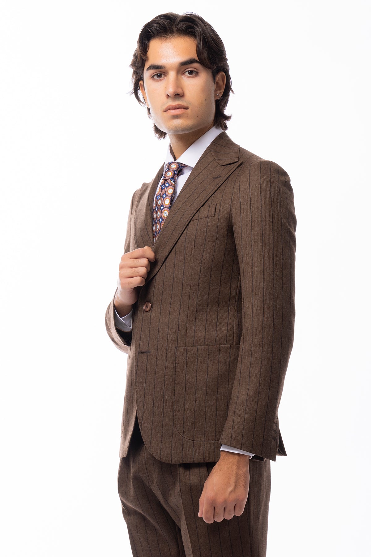 Abito uomo monopetto marrone gessata in lana Flanella Holland & Sherry slim fit rever a lancia largo.