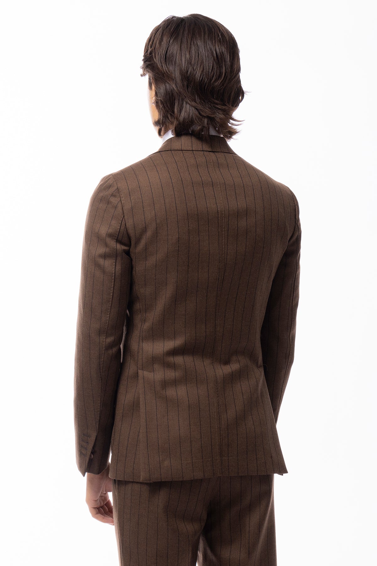 Abito uomo monopetto marrone gessata in lana Flanella Holland & Sherry slim fit rever a lancia largo.