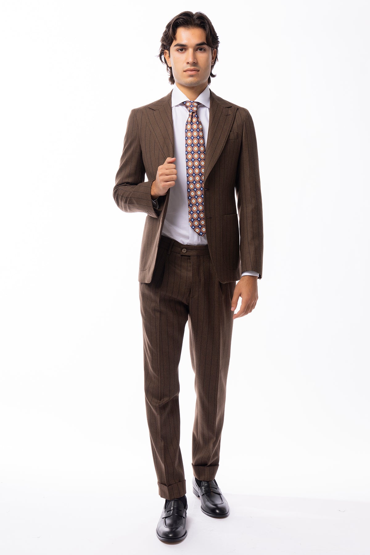 Abito uomo monopetto marrone gessata in lana Flanella Holland & Sherry slim fit rever a lancia largo.