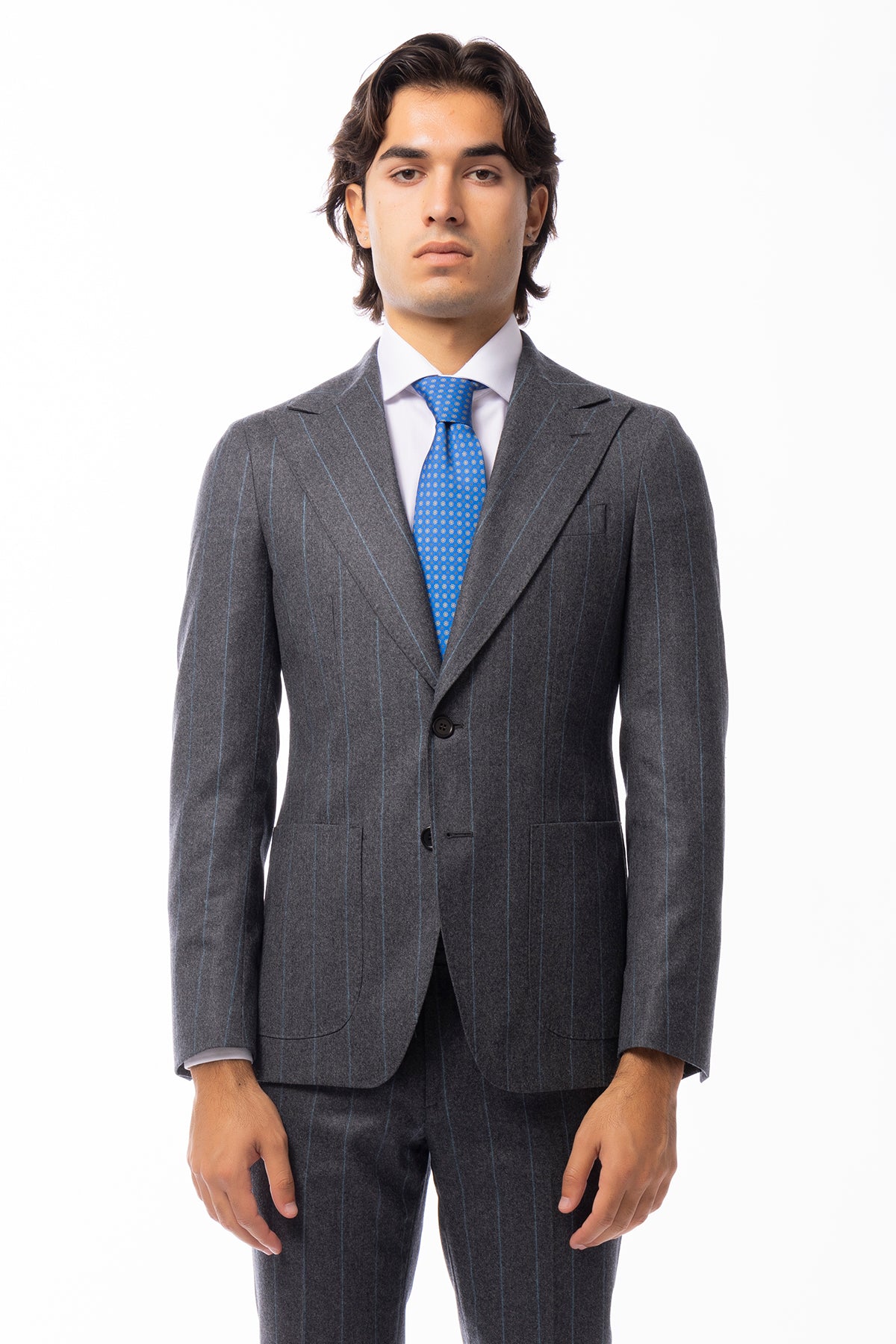 Giacca uomo Monopetto grigia Gessata in lana Flanella Vitale Barberis Canonico slim fit rever largo sartoriale