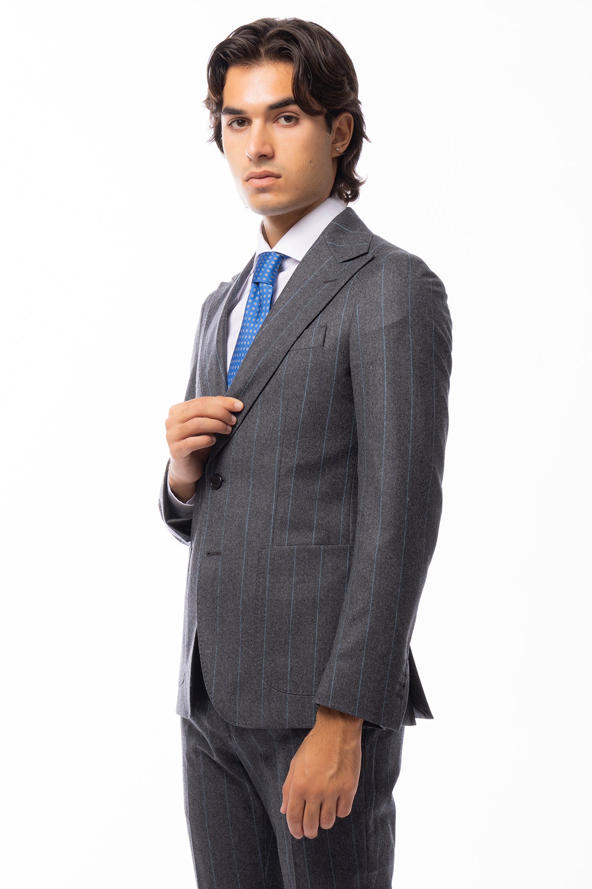 Giacca uomo Monopetto grigia Gessata in lana Flanella Vitale Barberis Canonico slim fit rever largo sartoriale