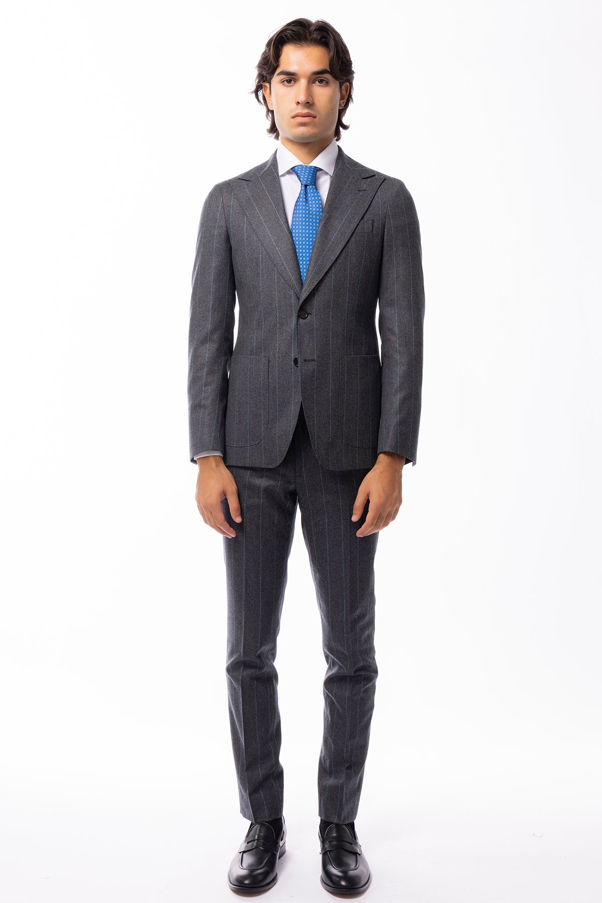 Giacca uomo Monopetto grigia Gessata in lana Flanella Vitale Barberis Canonico slim fit rever largo sartoriale