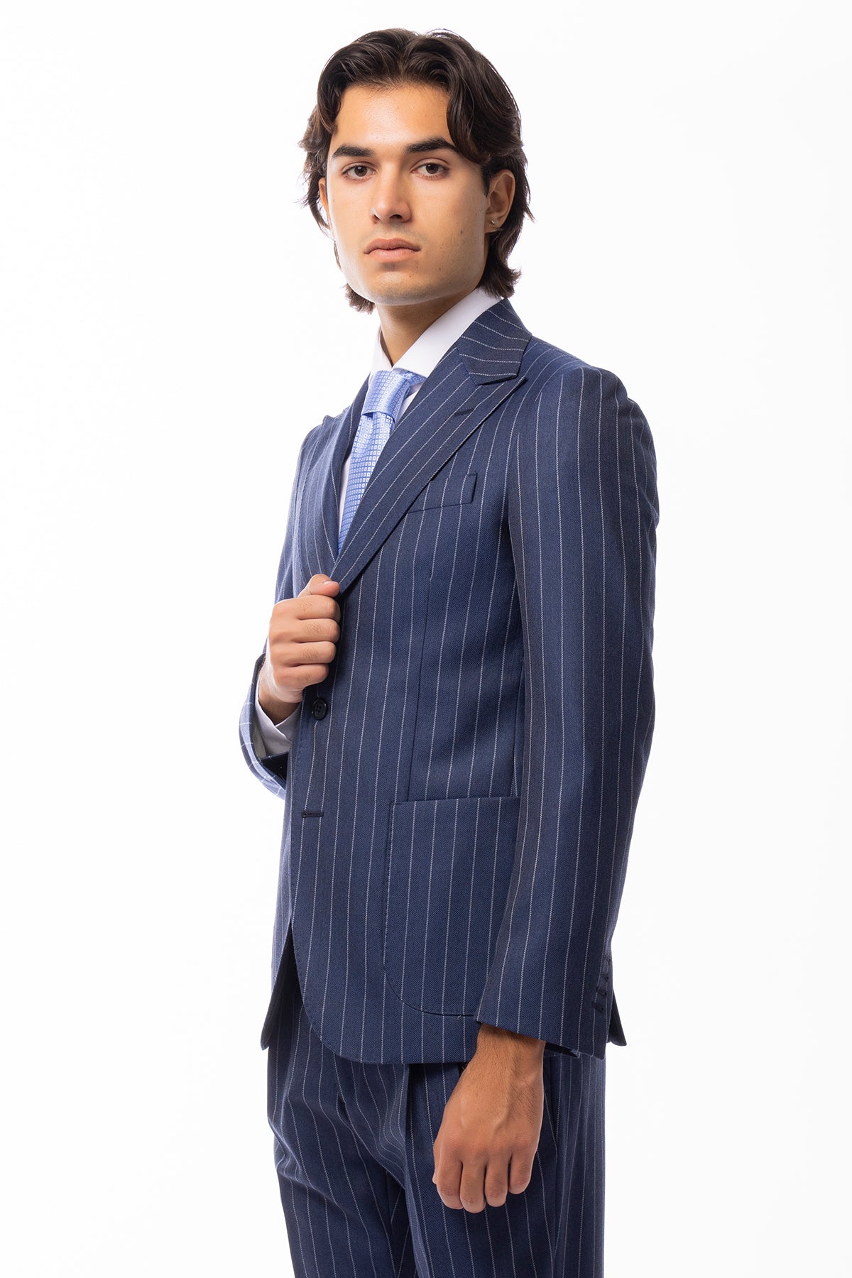 Giacca uomo monopetto blu gessata in lana Flanella Holland & Sherry slim fit rever a lancia largo