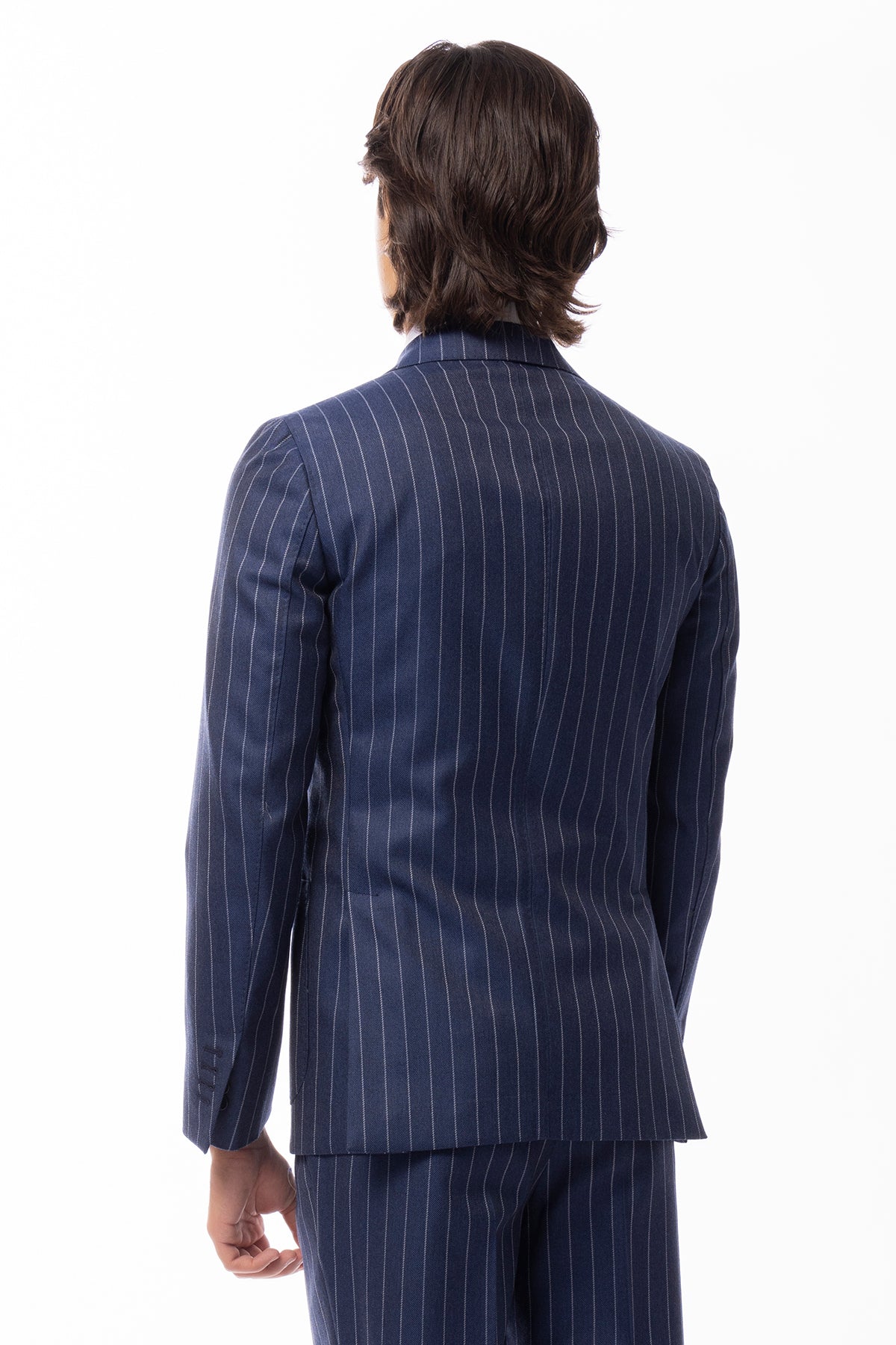Giacca uomo monopetto blu gessata in lana Flanella Holland & Sherry slim fit rever a lancia largo